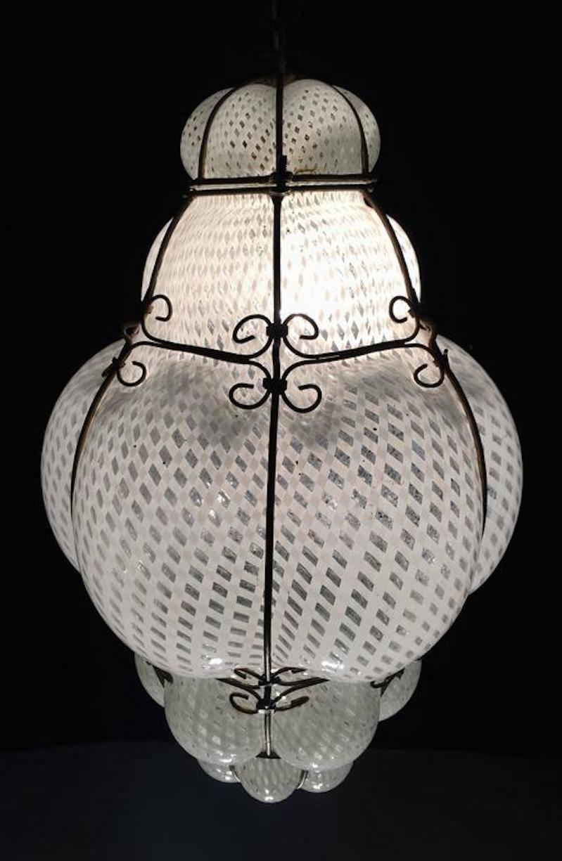 Charming Midcentury Venetian Lantern in Murano Reticello Glass 1