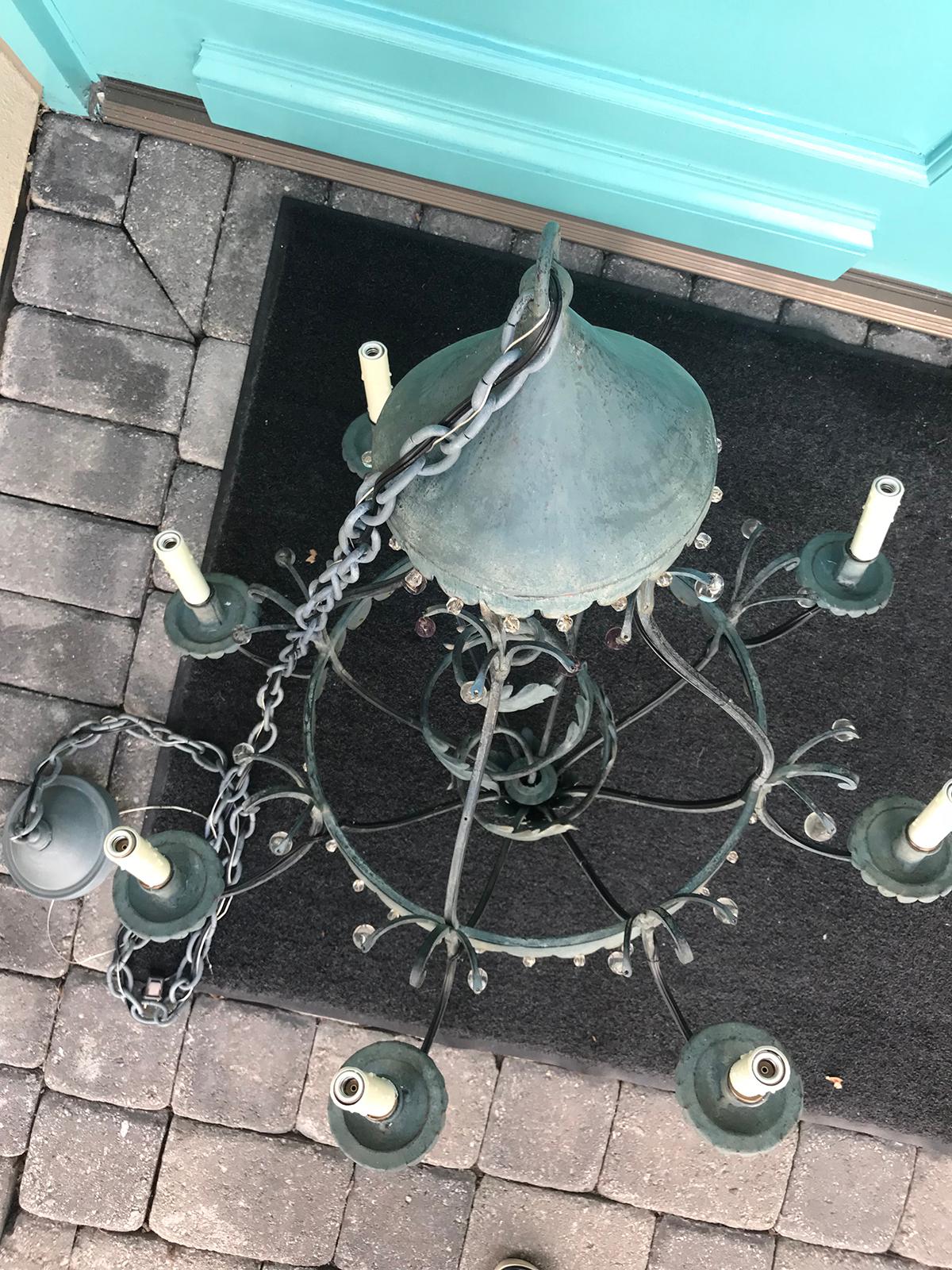 Charming Mid-20th Century Iron Chandelier with Small Crystal Drops 7