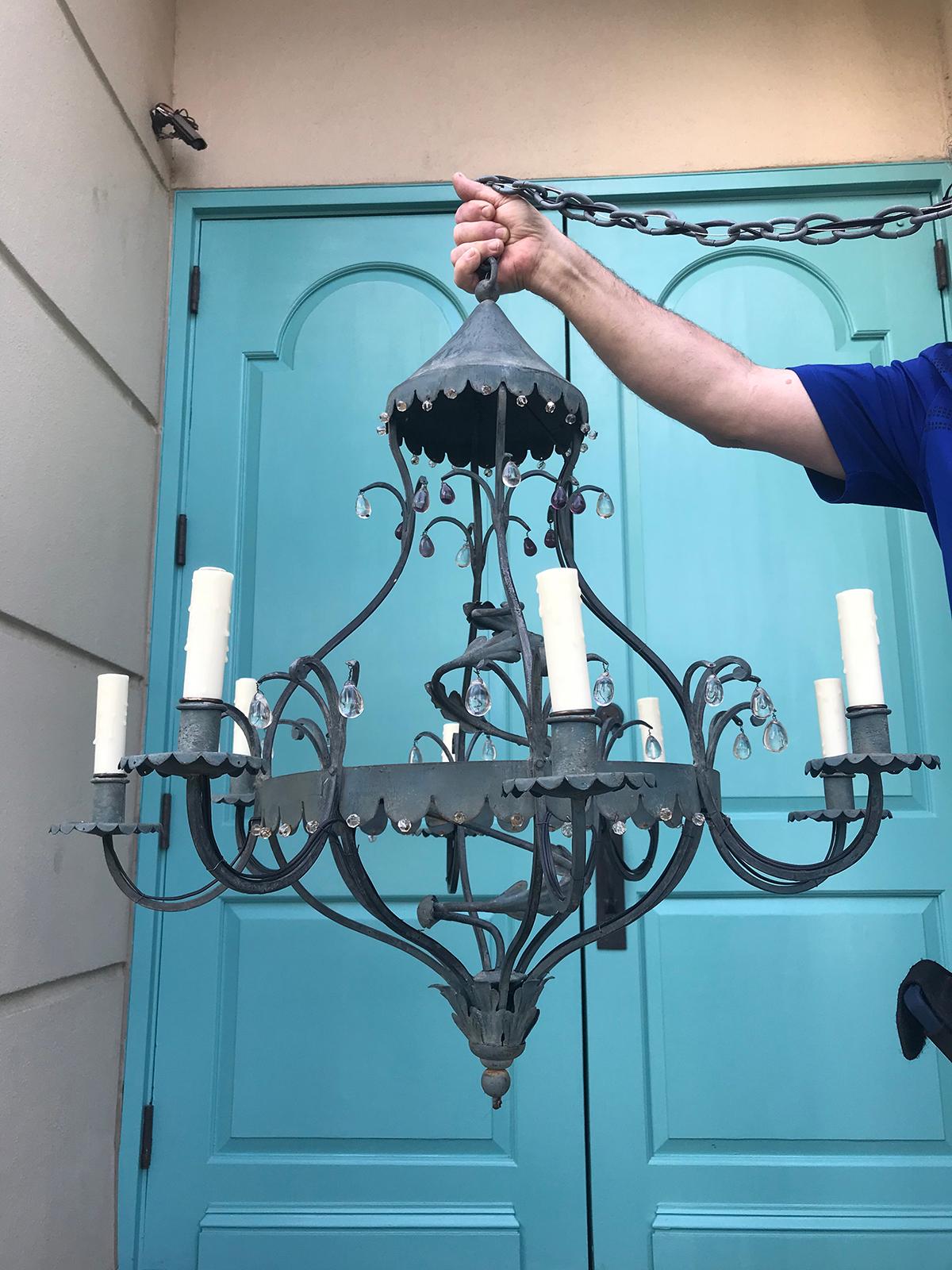 Charming Mid-20th Century Iron Chandelier with Small Crystal Drops 8