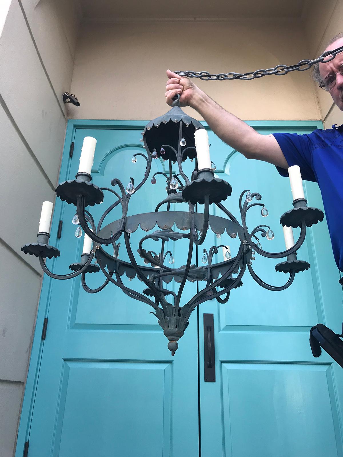 Charming Mid-20th Century Iron Chandelier with Small Crystal Drops 9