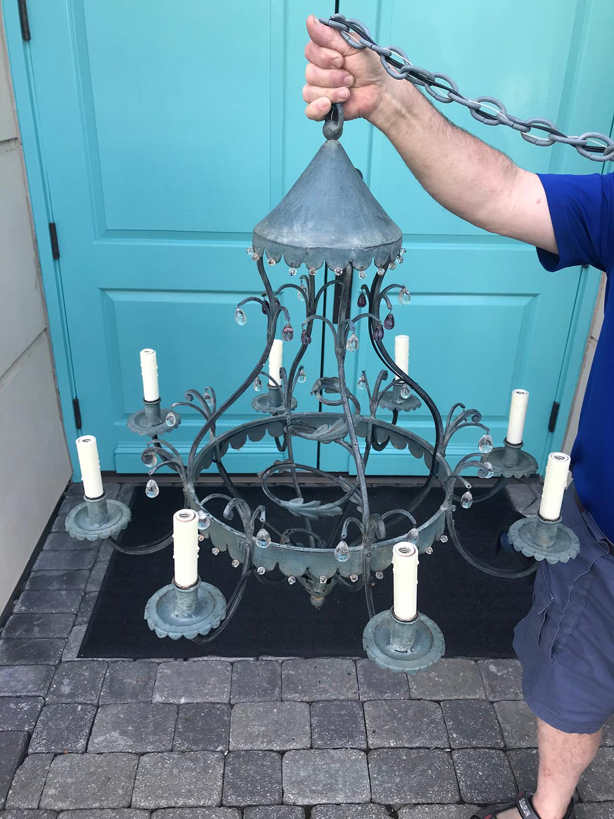Charming Mid-20th Century Iron Chandelier with Small Crystal Drops 10
