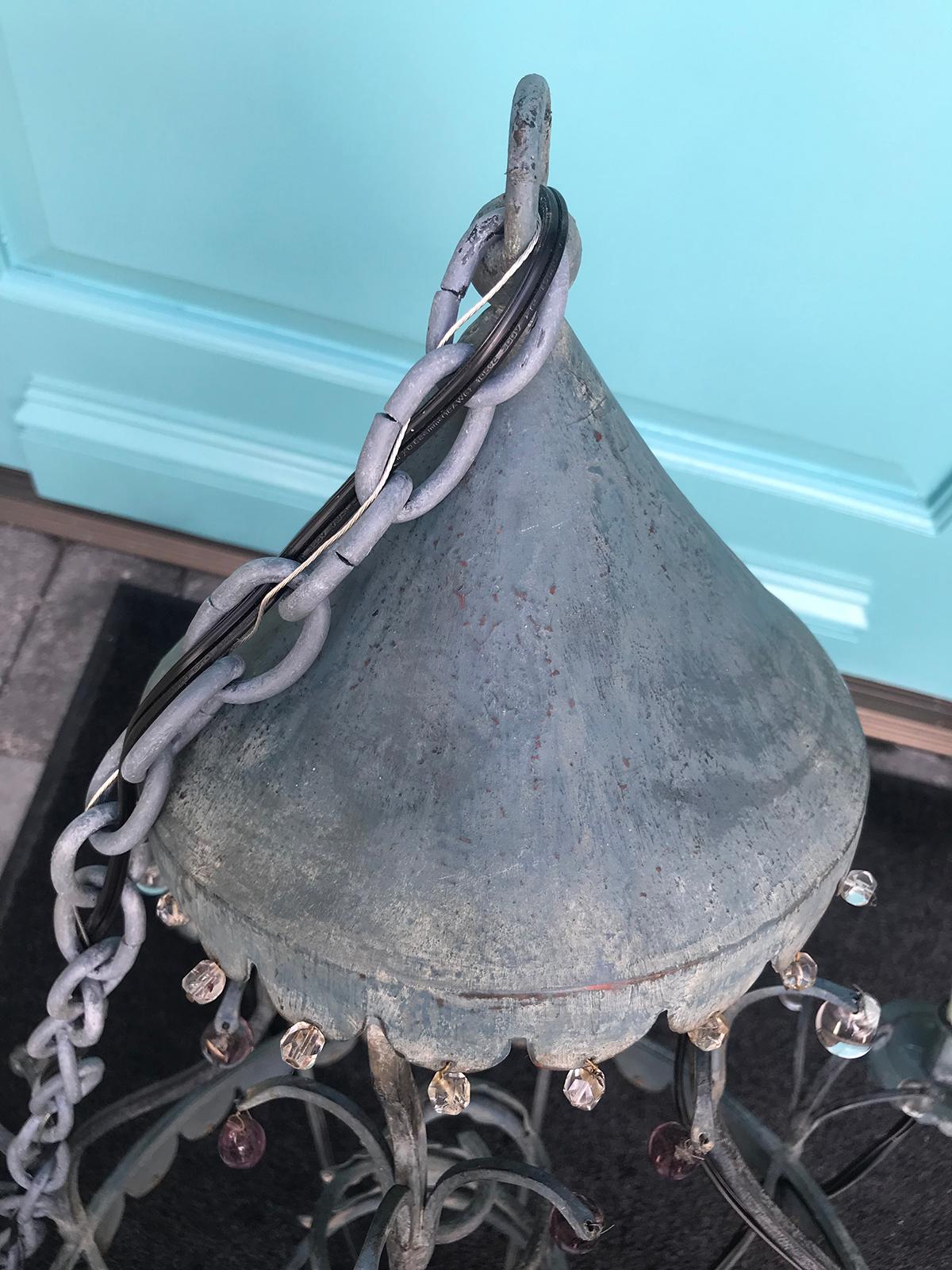 Charming Mid-20th Century Iron Chandelier with Small Crystal Drops In Good Condition In Atlanta, GA