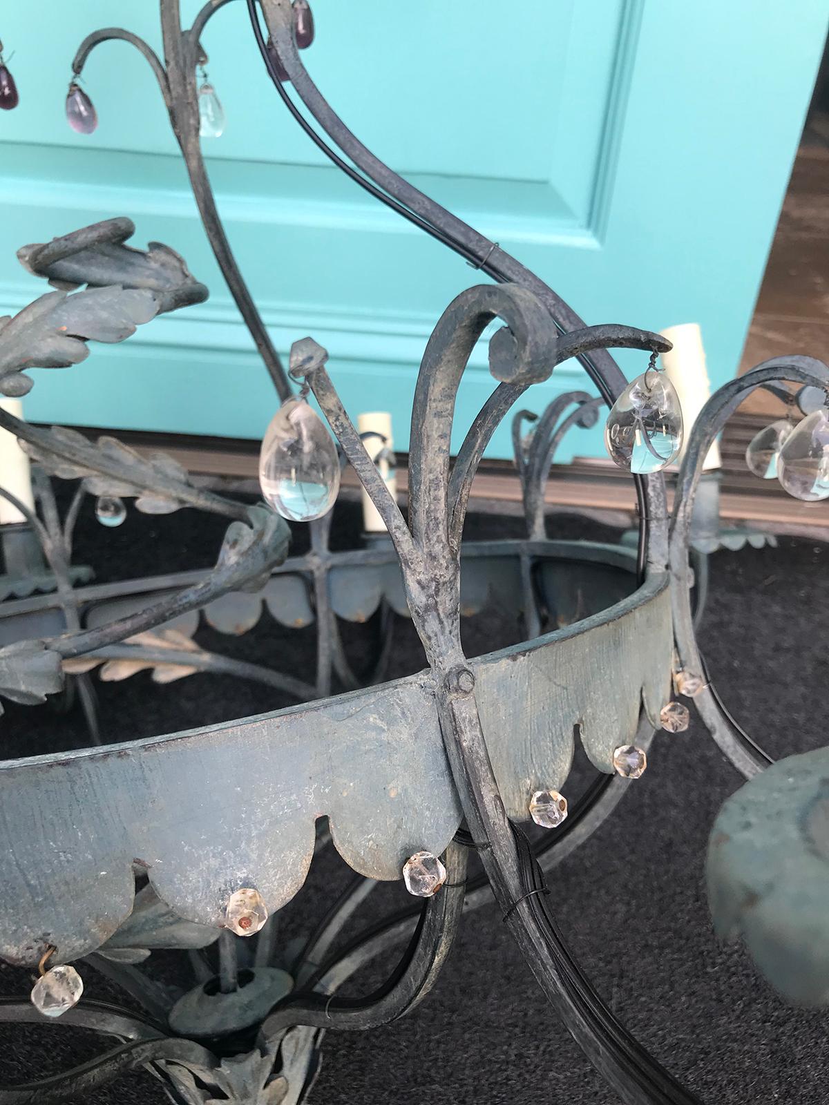 Charming Mid-20th Century Iron Chandelier with Small Crystal Drops 2