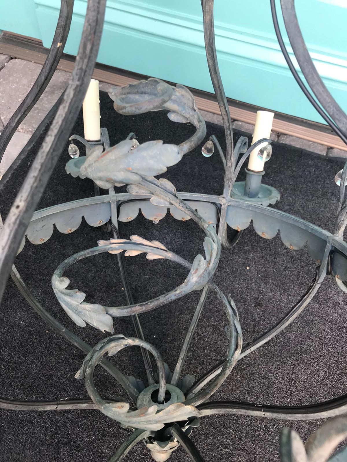 Charming Mid-20th Century Iron Chandelier with Small Crystal Drops 3