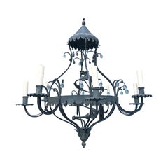 Charming Mid-20th Century Iron Chandelier with Small Crystal Drops