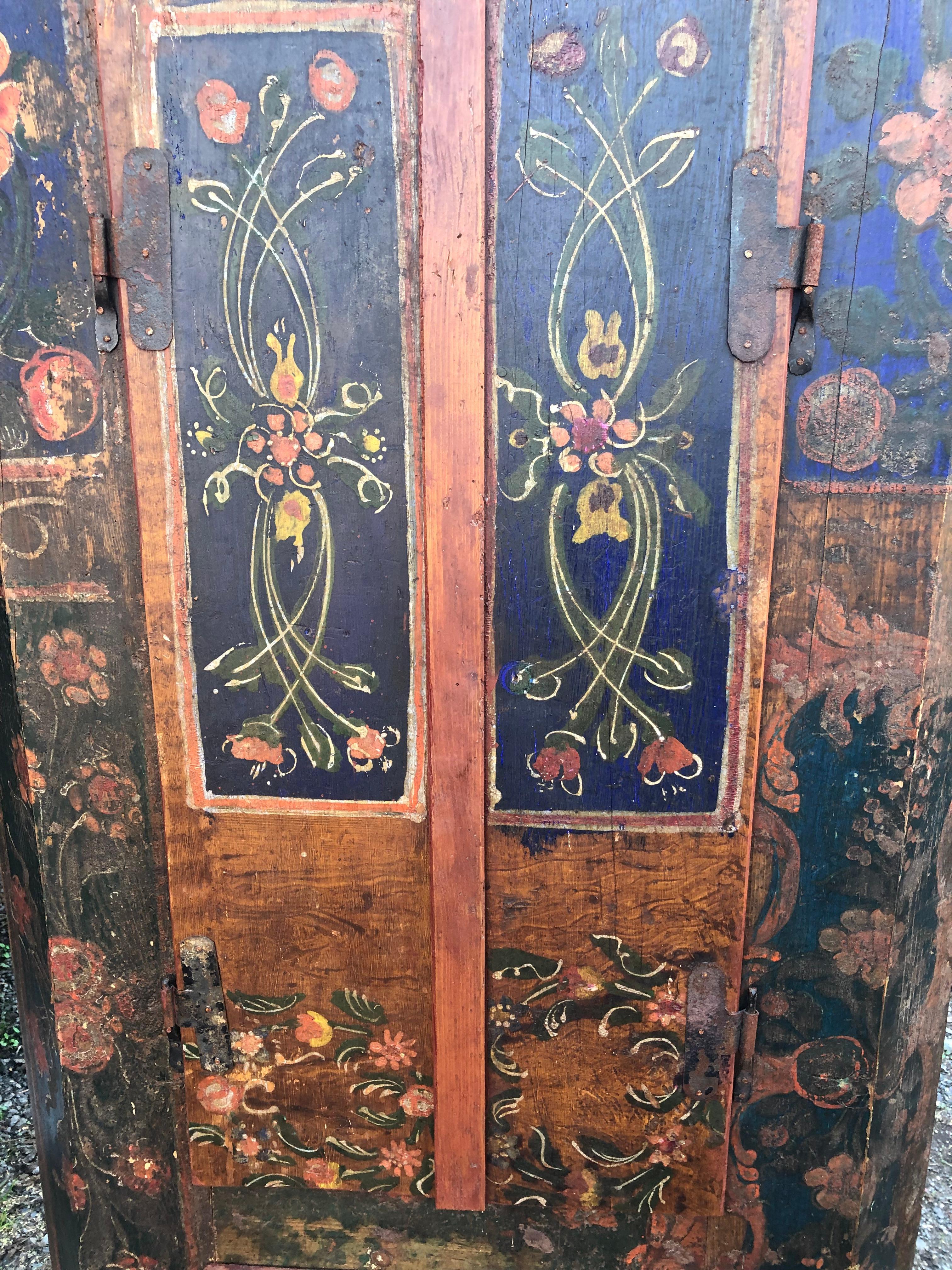 Charming Moroccan Hand Painted Rustic Corner Cabinet In Distressed Condition In Hopewell, NJ