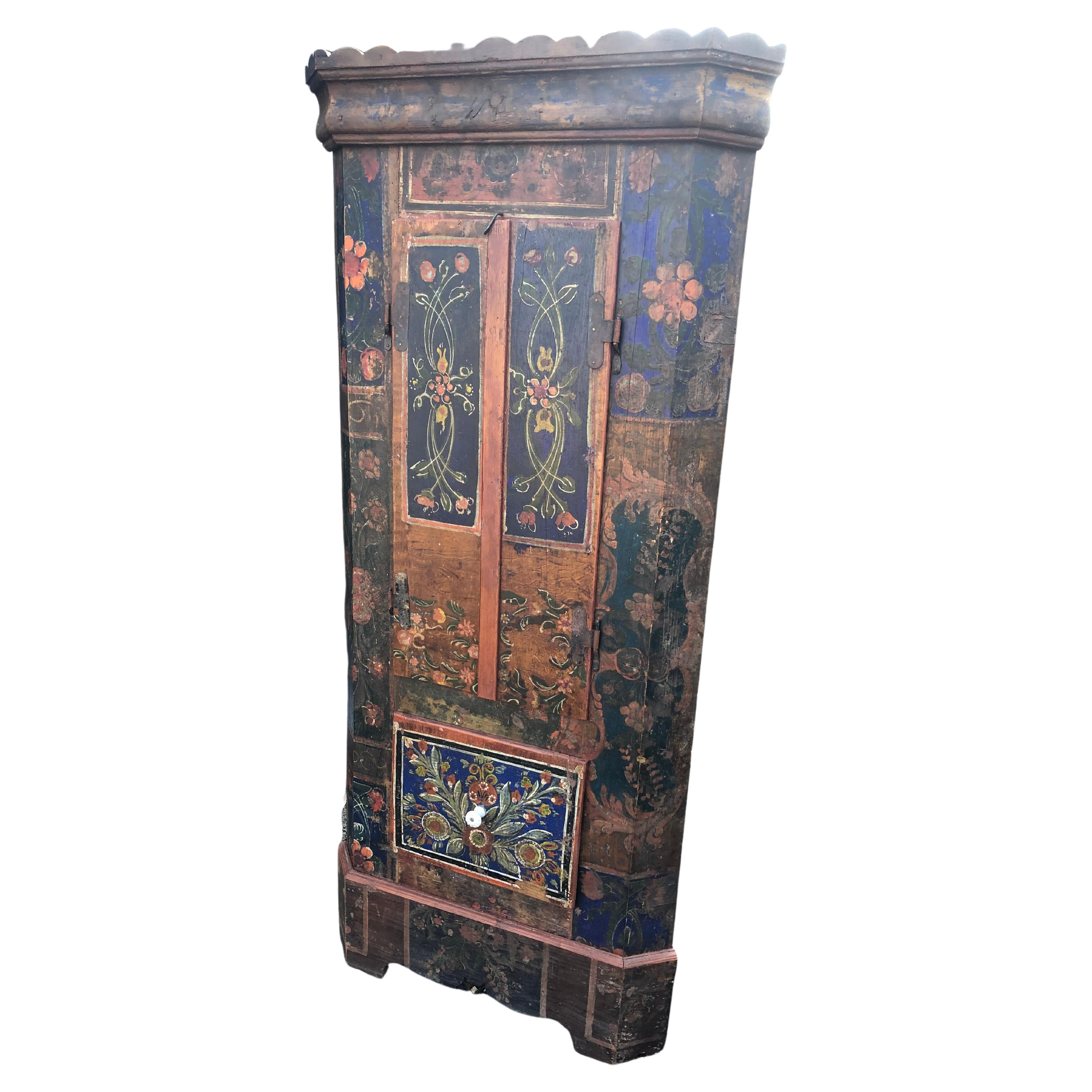 Charming Moroccan Hand Painted Rustic Corner Cabinet