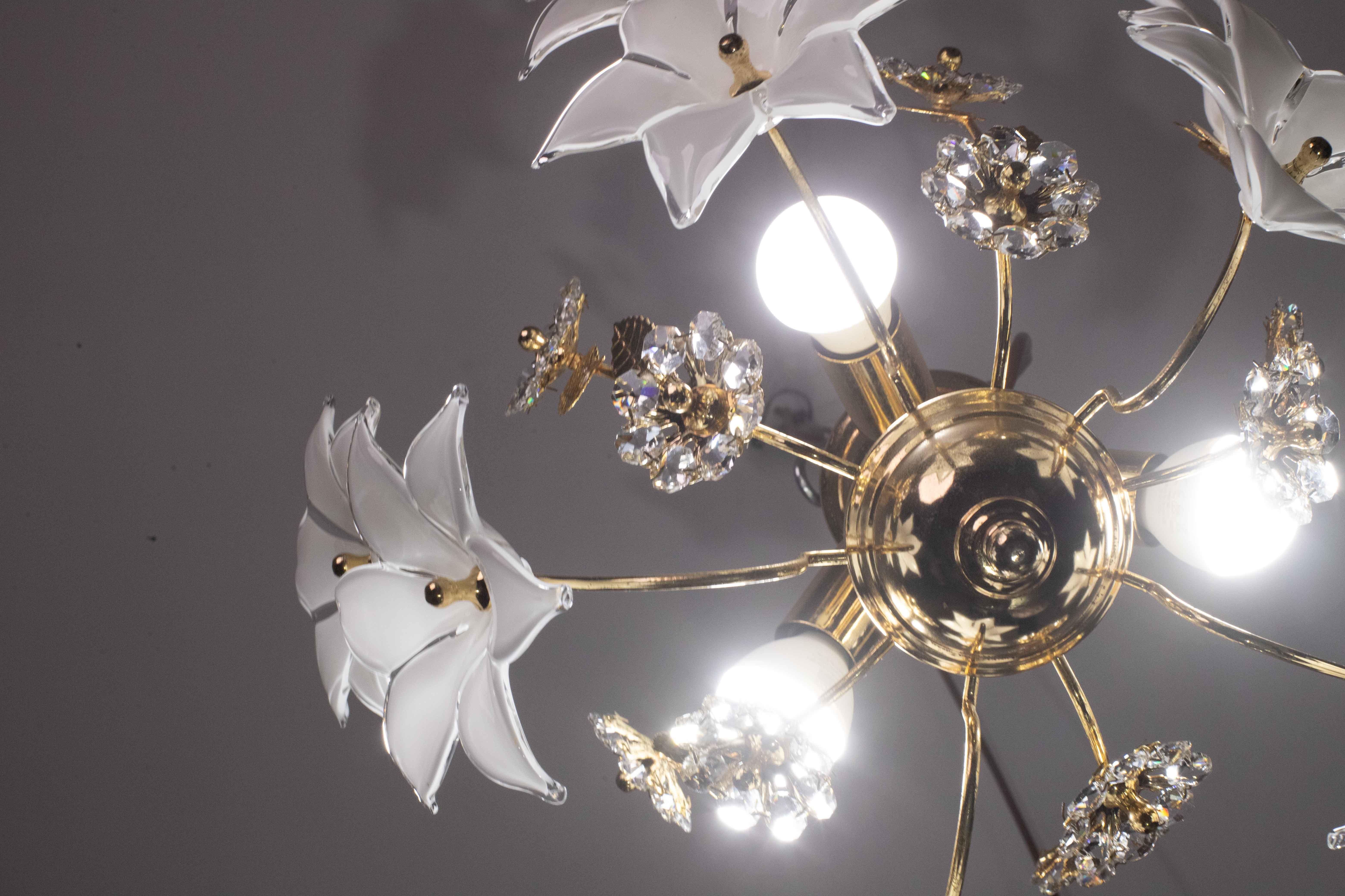 Murano Glass Charming Murano and Crystal Glass Vintage Ceiling Light White Flowers, 1970s For Sale