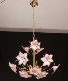 Charming Murano Glass Chandelier Pink Flowers, 1970