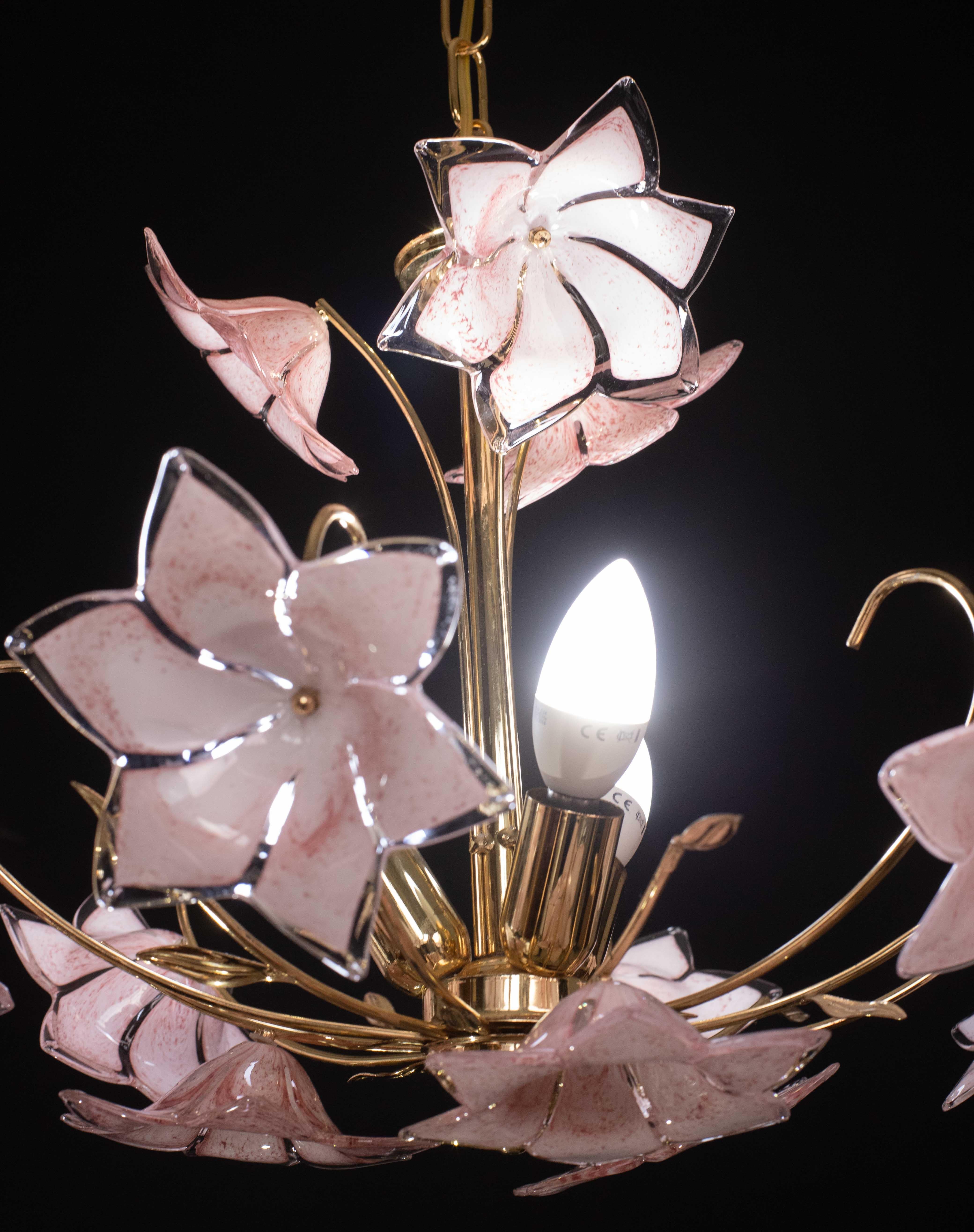 Incantevole lampadario in vetro di Murano Fiori rosa, 1970 in vendita 2
