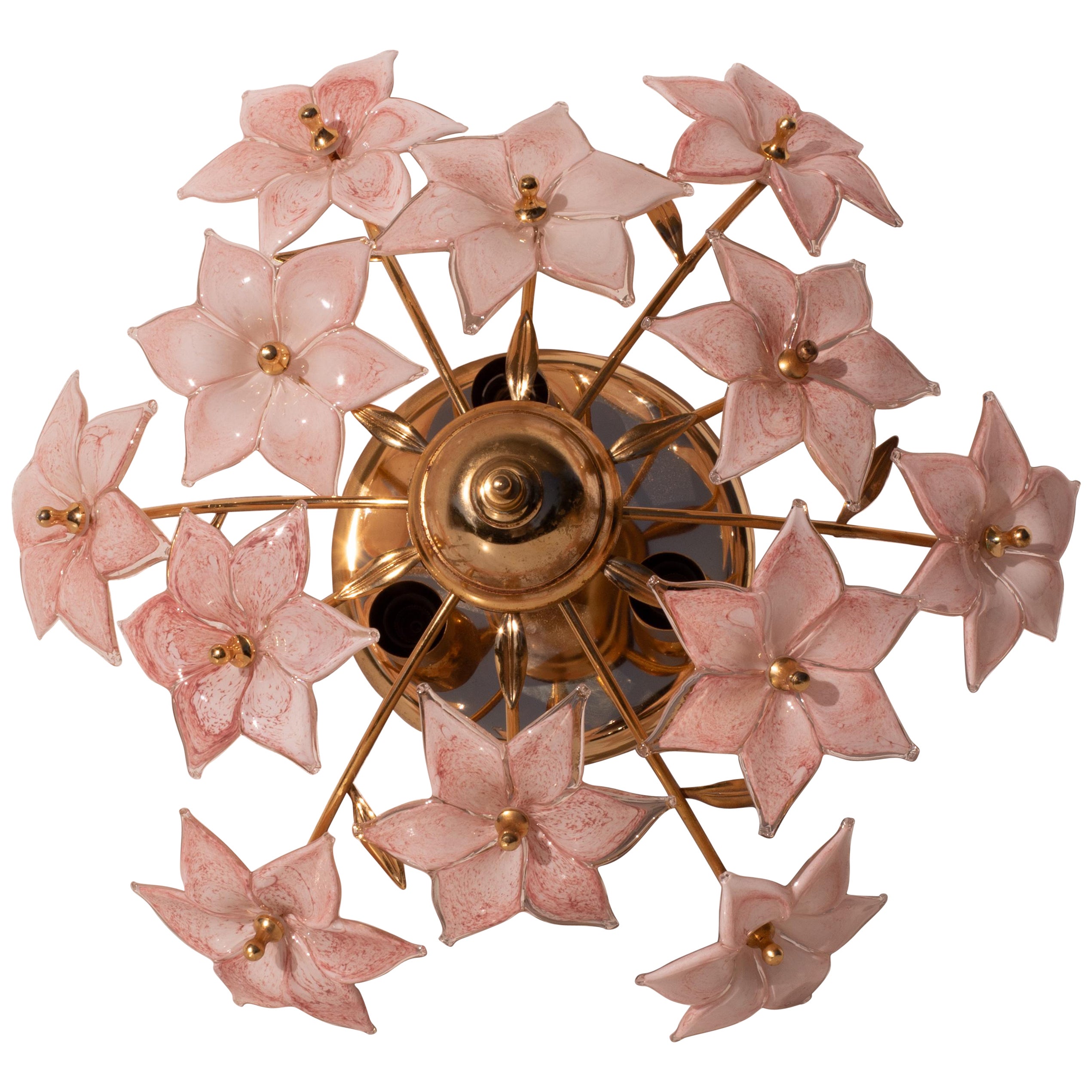 Charming Murano Vintage Ceiling Light Pink Flowers, 1970s