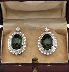 Charming Natural Green Tourmaline and Diamond Vintage Earrings