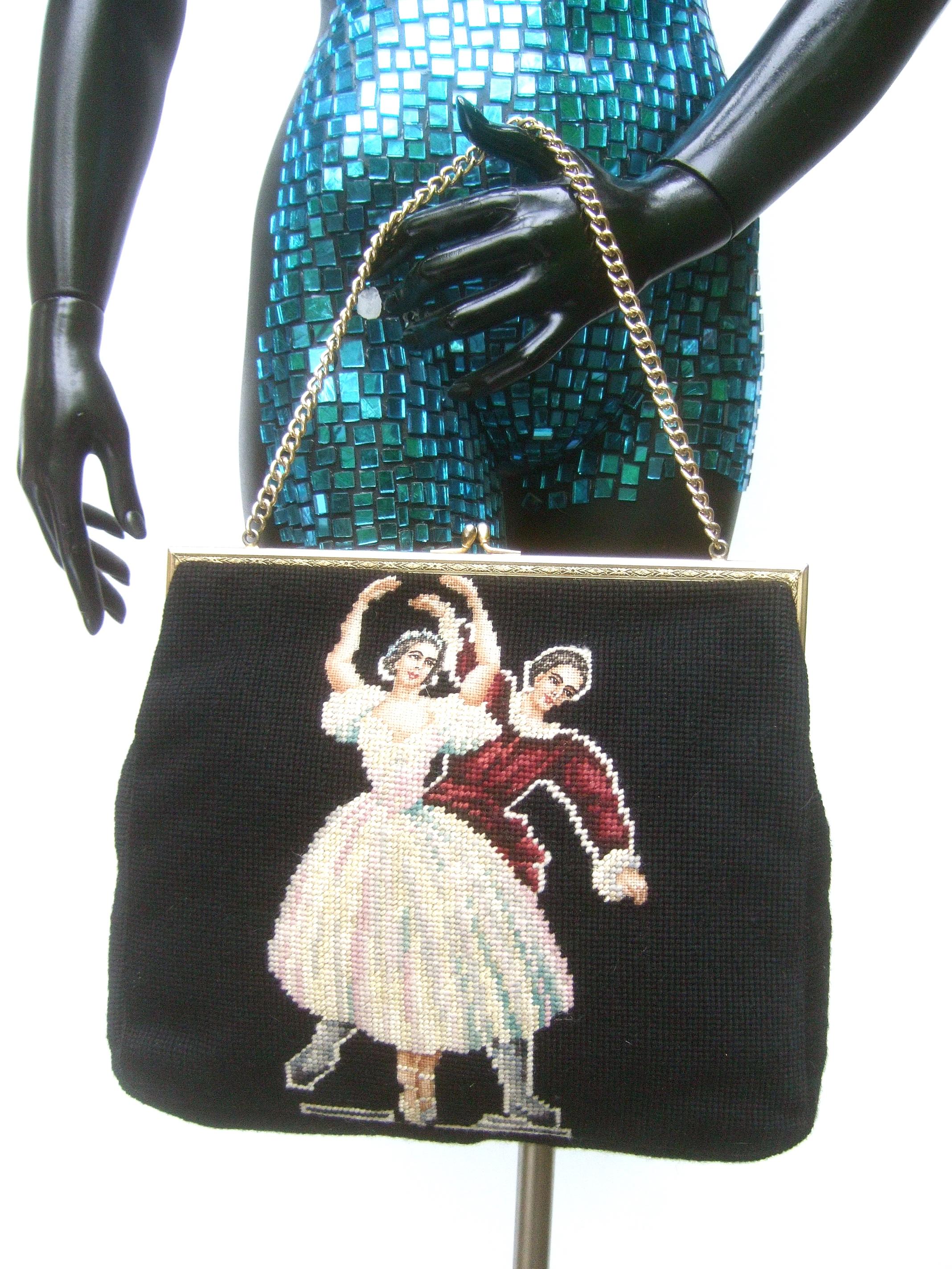 Black Charming Needlepoint Ballet Scene Artisan Handbag c 1960 