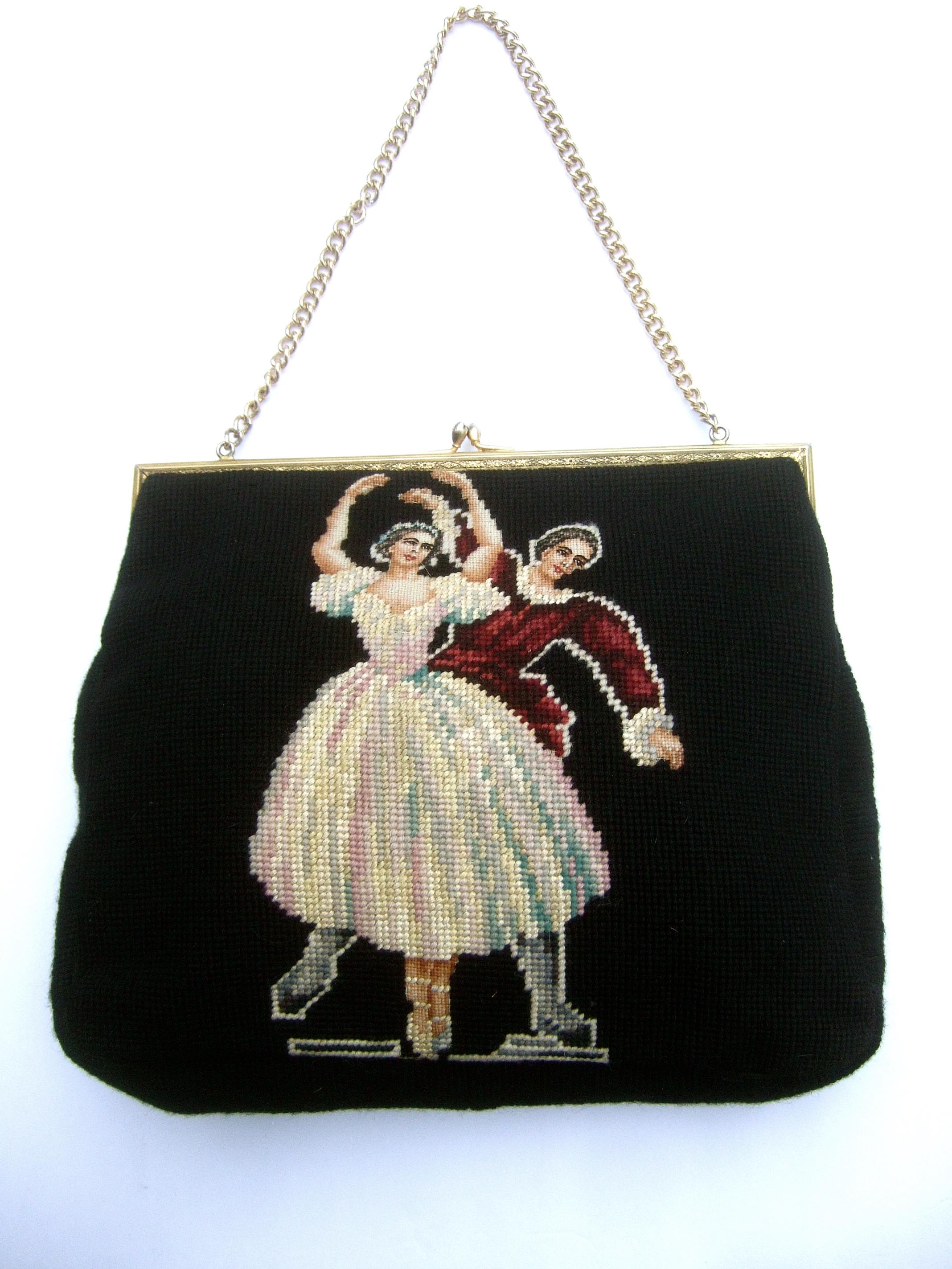 Charming Needlepoint Ballet Scene Artisan Handbag c 1960  3