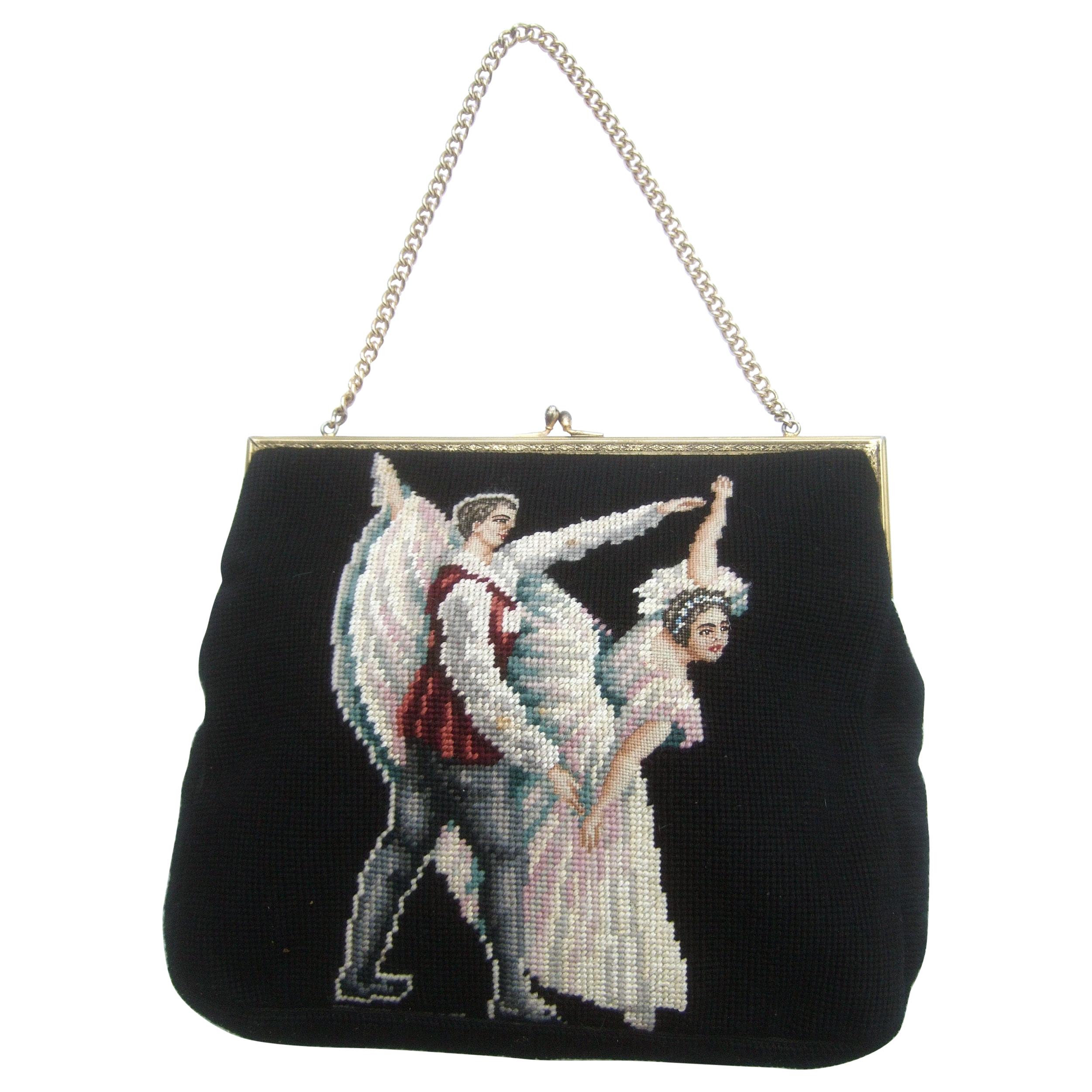Charming Needlepoint Ballet Scene Artisan Handbag c 1960 