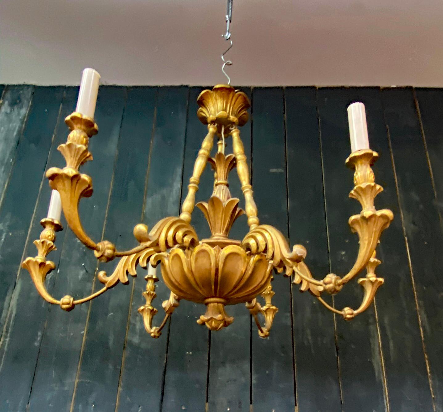 French Charming  Neo baroque Chandelier in giltwood circa 1950 For Sale