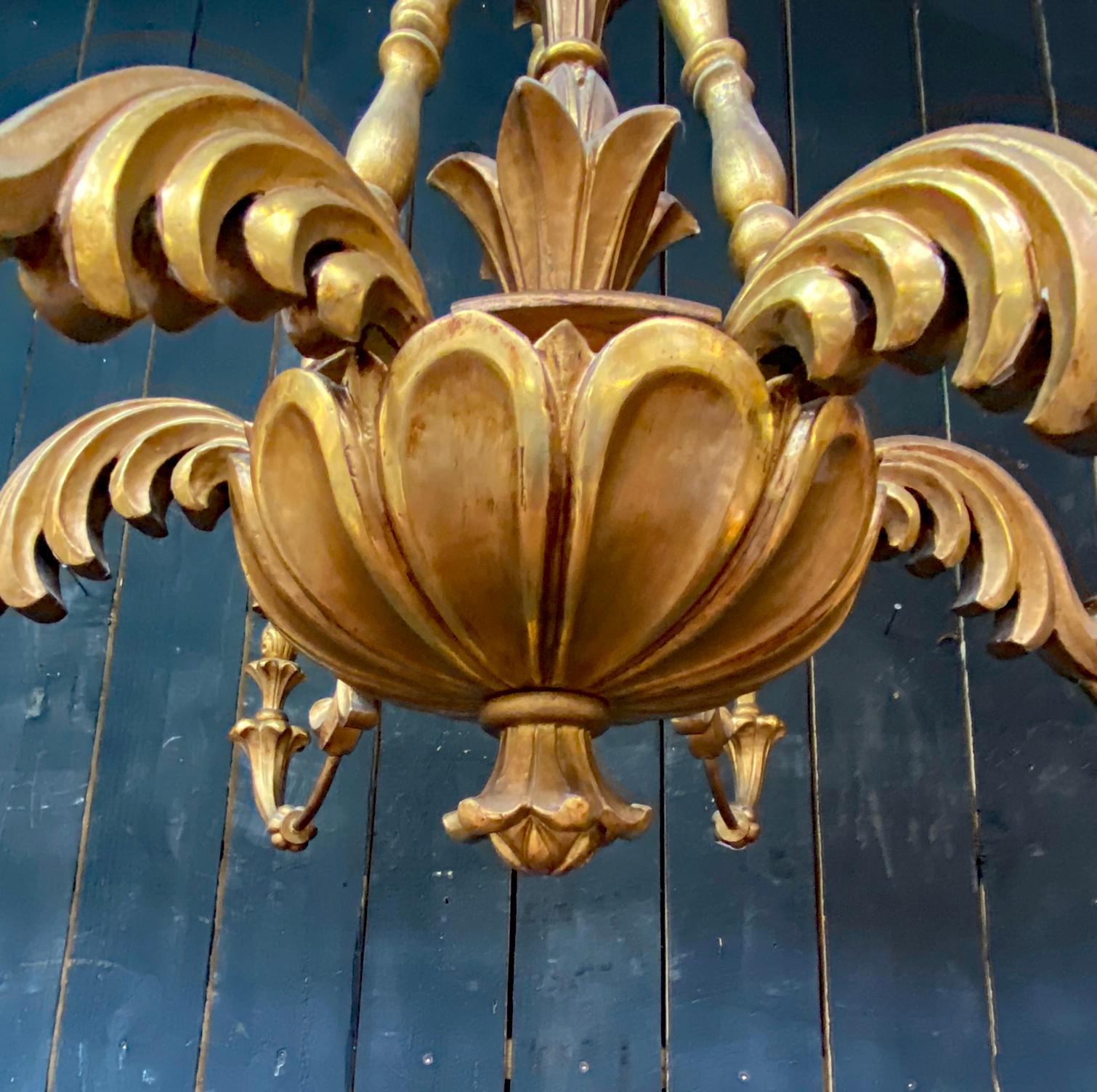 Giltwood Charming  Neo baroque Chandelier in giltwood circa 1950 For Sale
