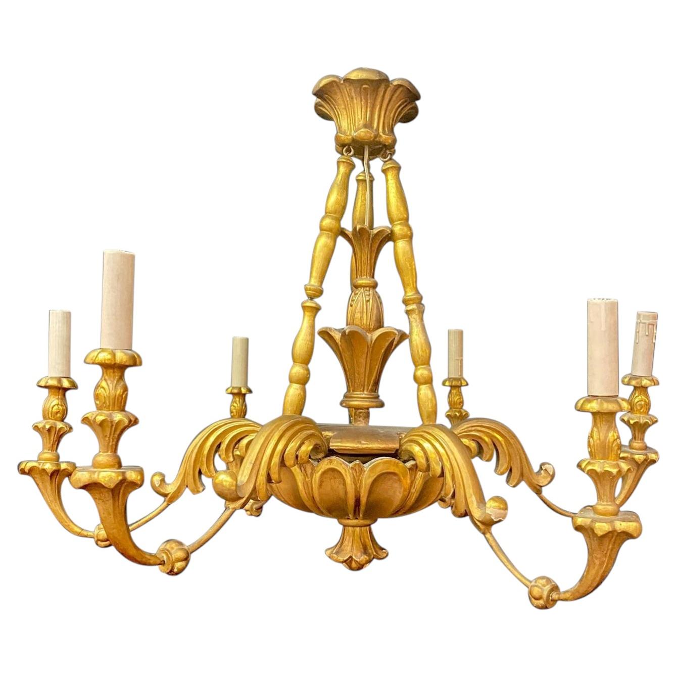 Charming  Neo baroque Chandelier in giltwood circa 1950 For Sale