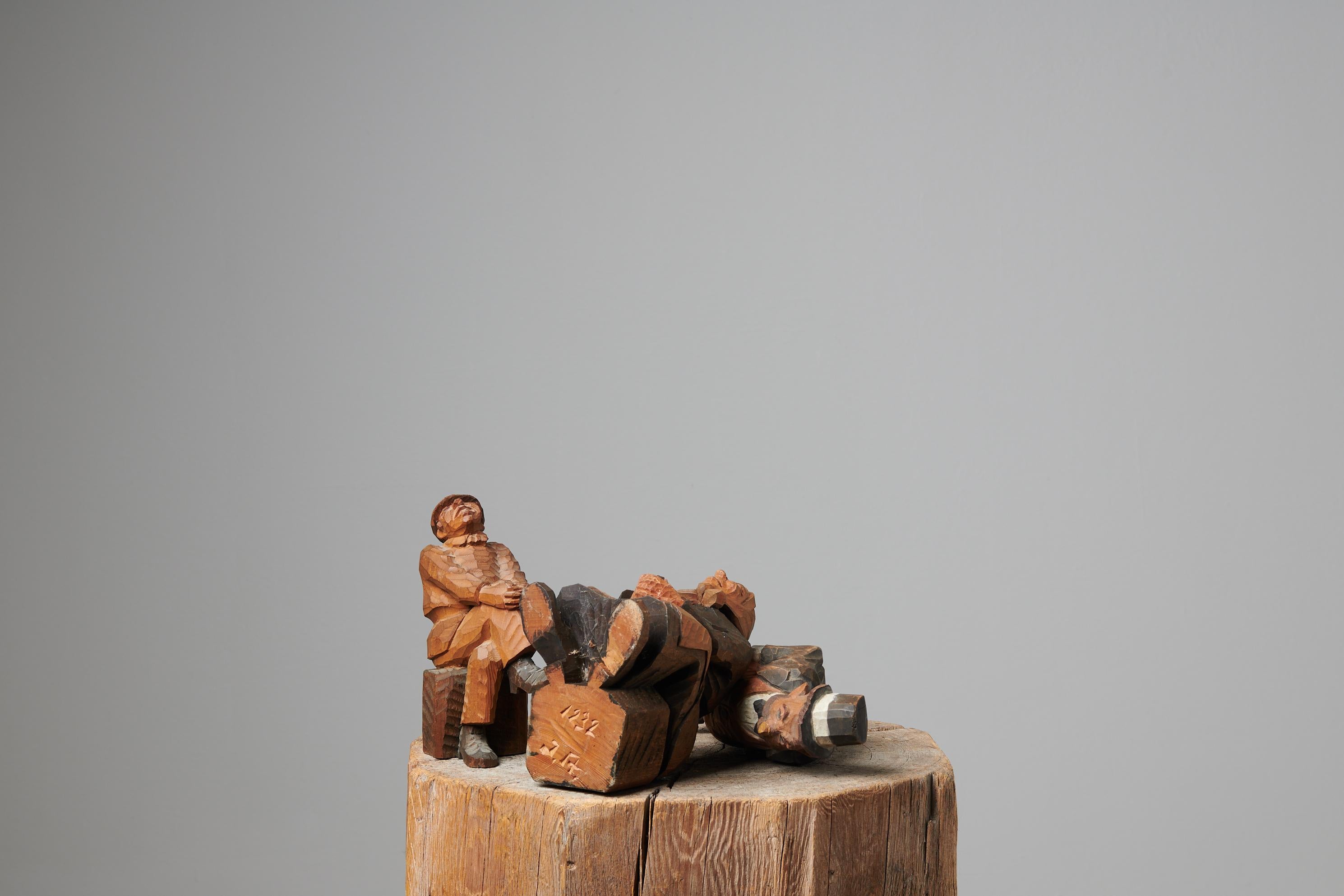 Pine Charming Northern Swedish Handmade Folk Art Wooden Figurines For Sale