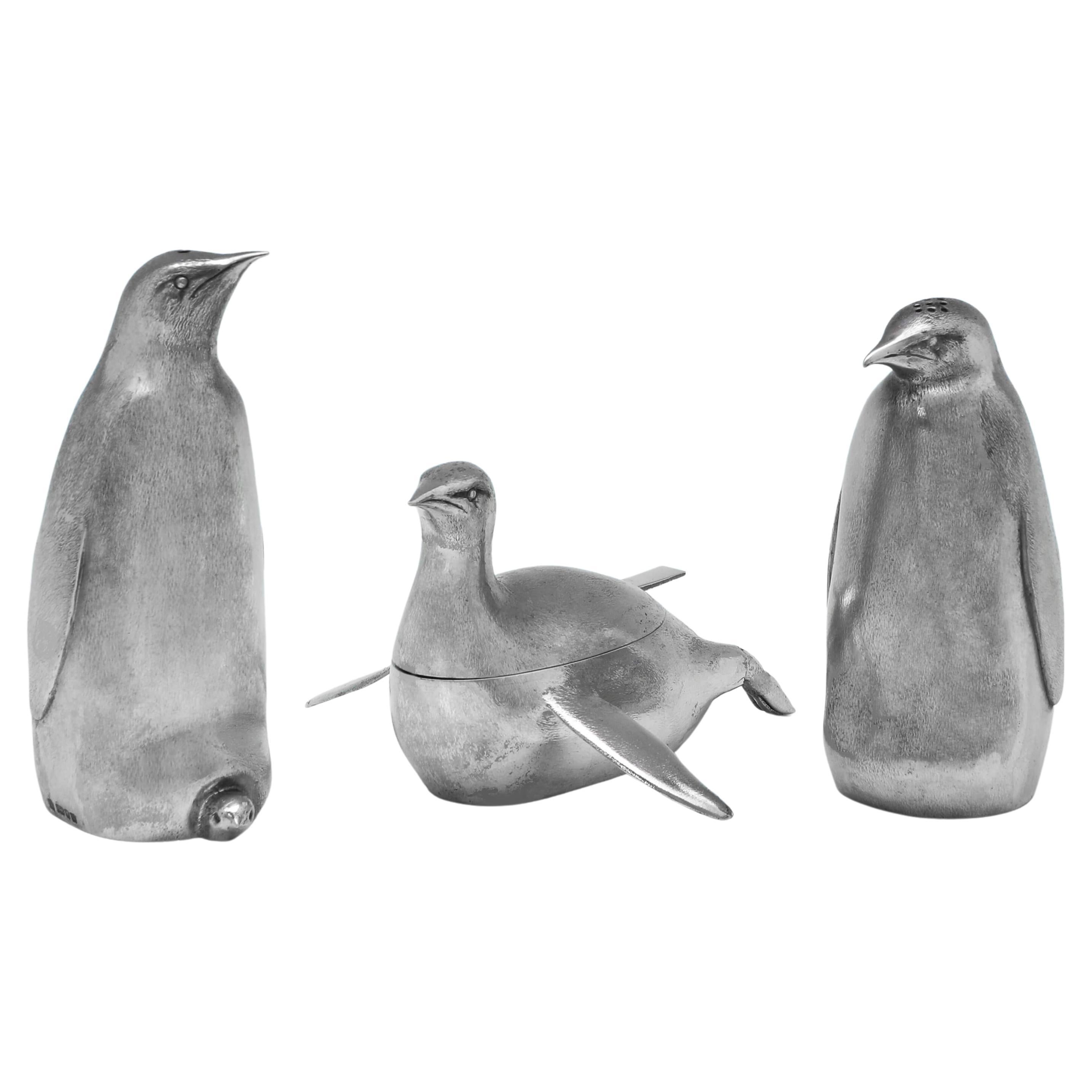 Charming Novelty Sterling Silver 'Emperor Penguin' Condiment Set, London, 1996