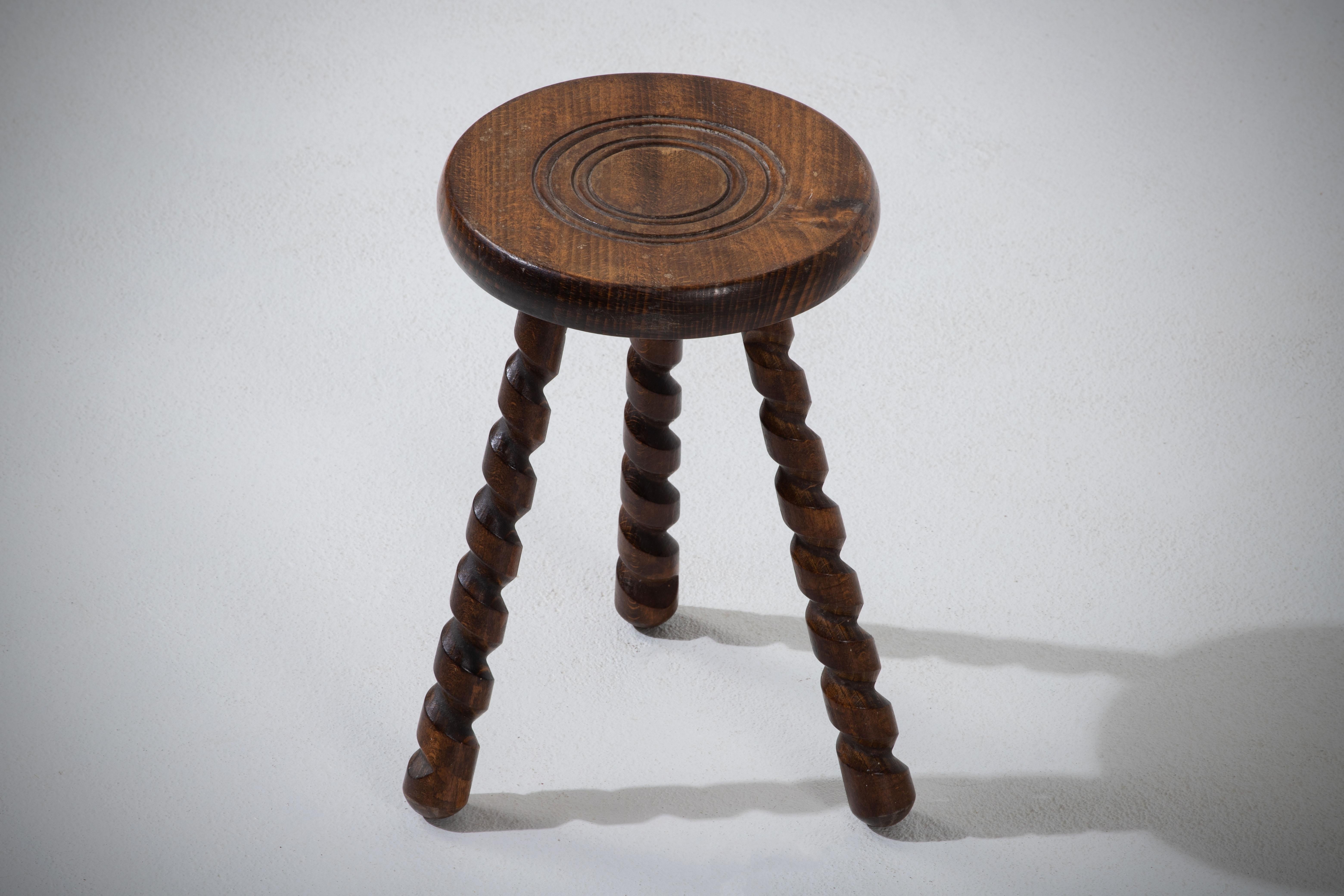 Hand-Carved Charming Oak Stool with Barley Twist Legs, 1950s, France