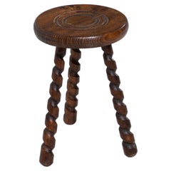 Charming Oak Stool with Barley Twist Legs, 1950s, France
