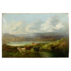 Charming oil on canvas of long horn cattle in a Scottish landscape, signed