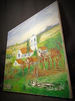Charming Oil Painting on Canvas – Village Church Scene - 2Y172