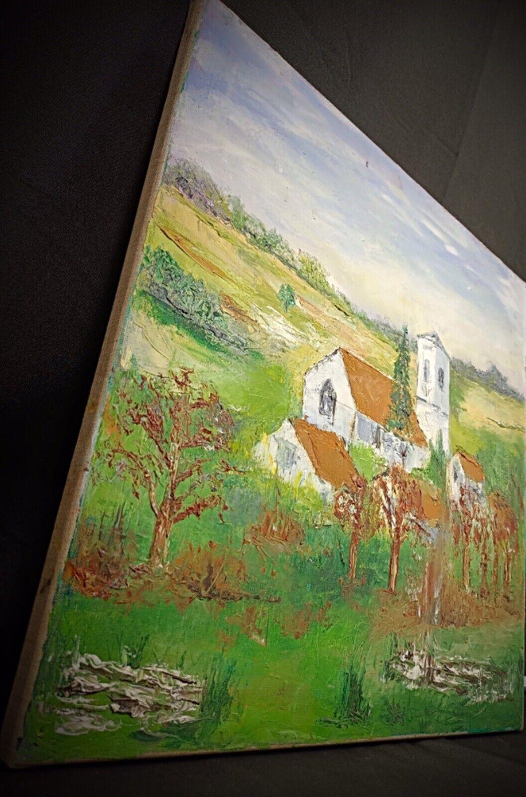 Empire Charming Oil Painting on Canvas – Village Church Scene - 2Y172 For Sale