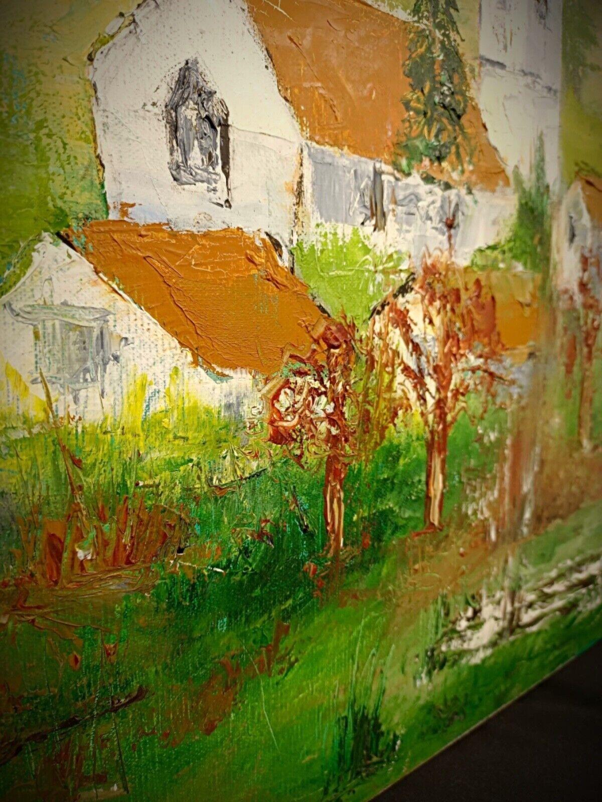 French Charming Oil Painting on Canvas – Village Church Scene - 2Y172 For Sale