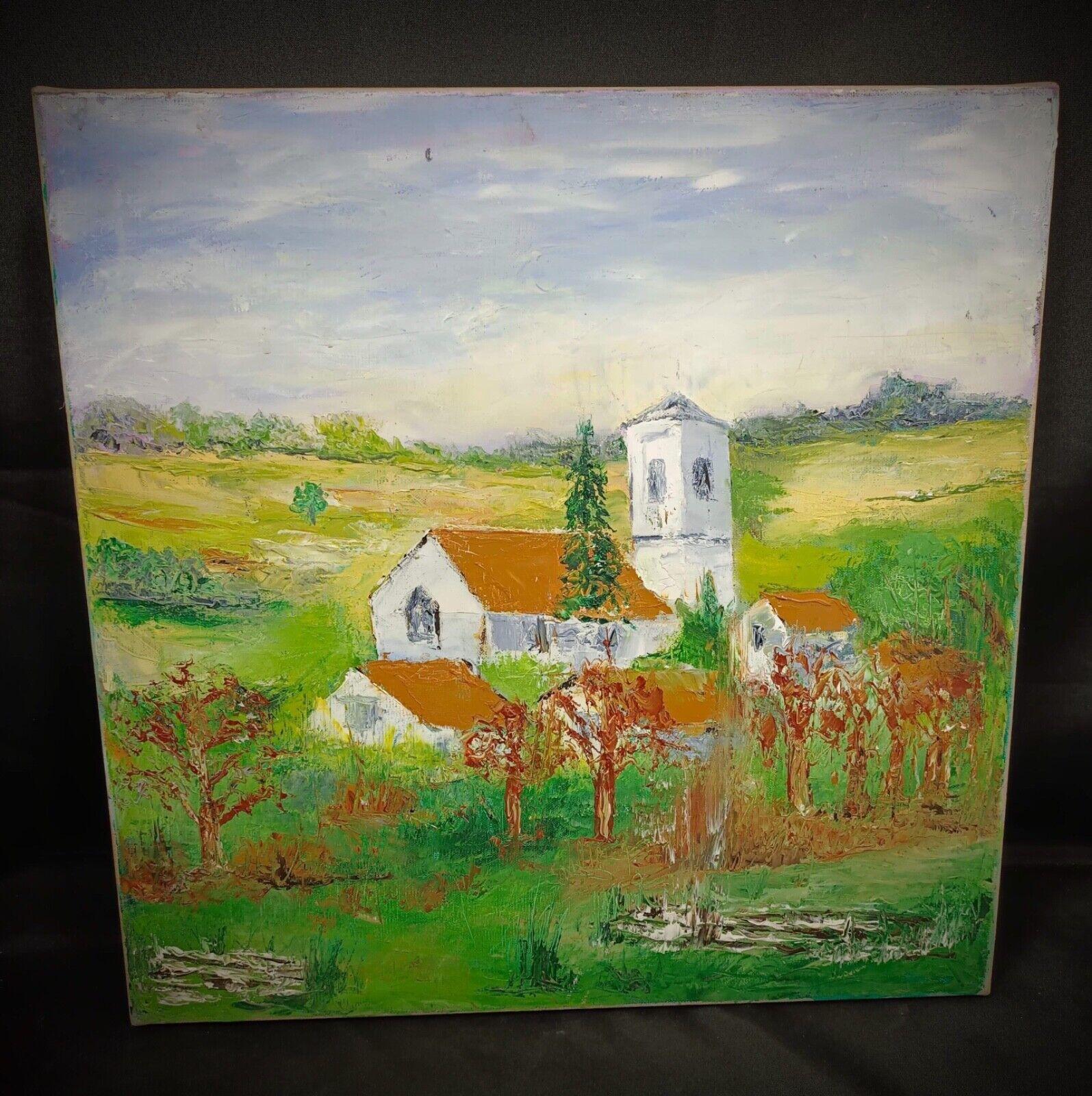 Charming Oil Painting on Canvas – Village Church Scene - 2Y172 For Sale 1