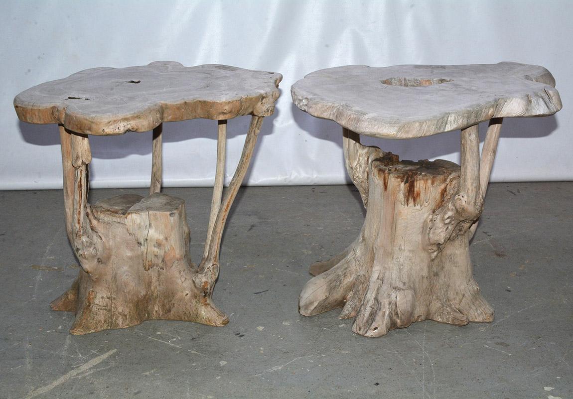 One of a kind organic free form side tables cut from tree roots in it's natural state. Can be used indoors or outdoors as side table, end table or occasional tables. A lovely way to bring a bit of mother nature into your home.  Two truly folky,
