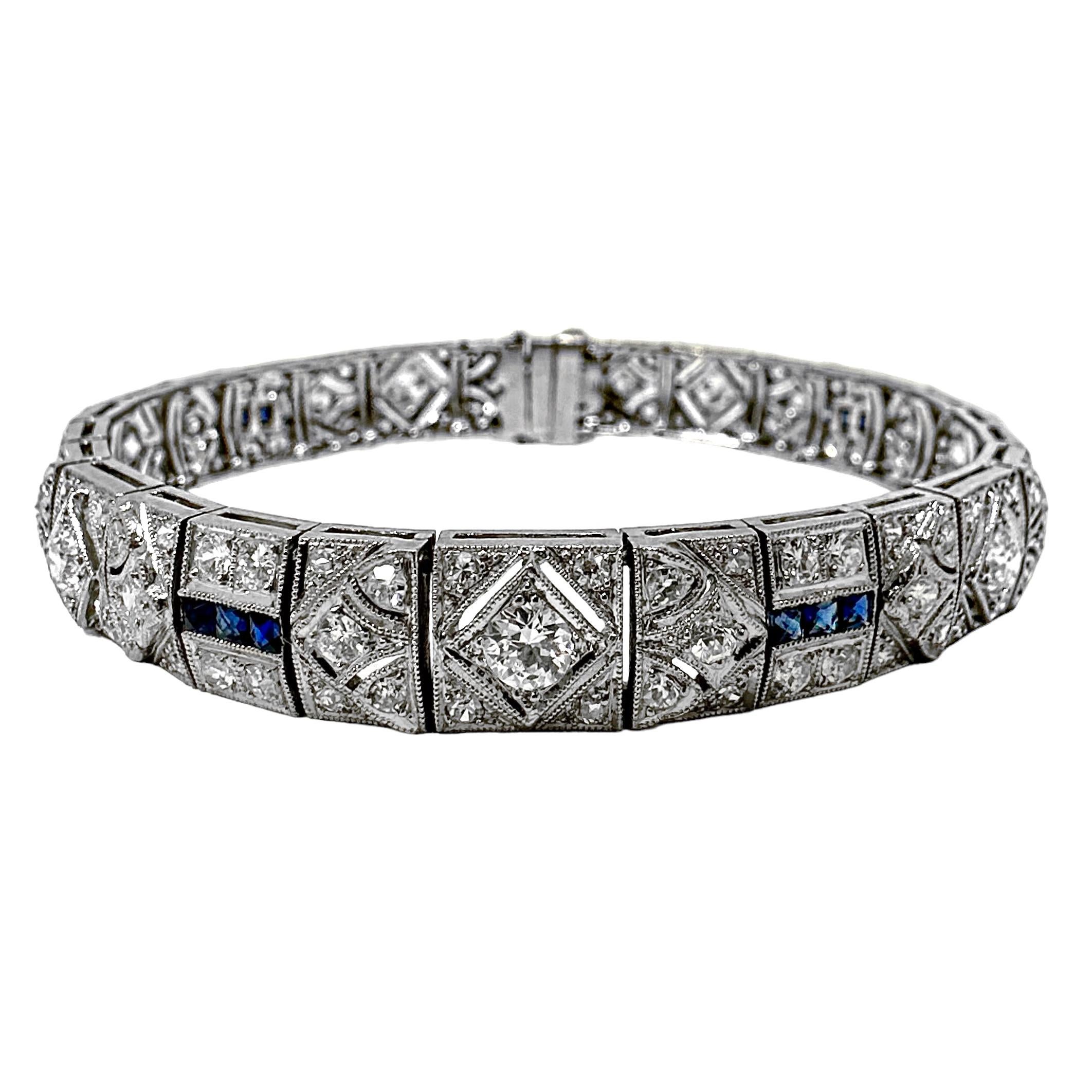 This lovely and expertly crafted platinum Art-Deco period bracelet is set generously with a total of 133 European and single cut diamonds having a total approximate weight of 6.00ct. Overall diamond quality is H color and VS2 clarity. An elegant