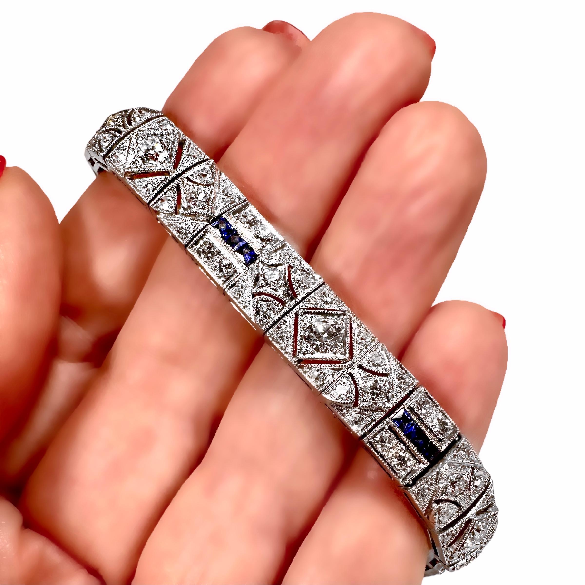 Charming Original Art-Deco Period Platinum, Diamond and Sapphire Bracelet For Sale 1
