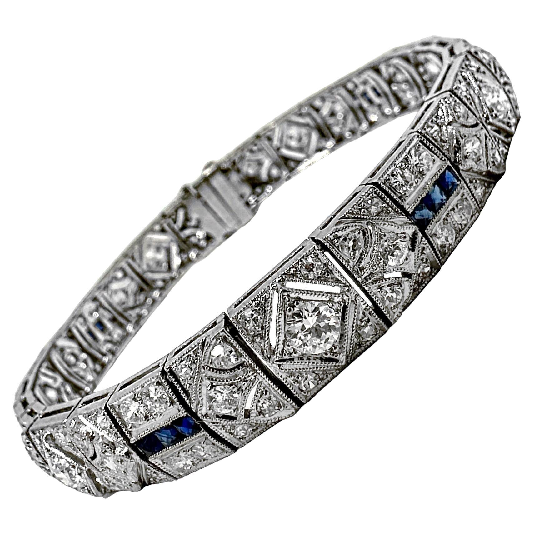 Charming Original Art-Deco Period Platinum, Diamond and Sapphire Bracelet For Sale