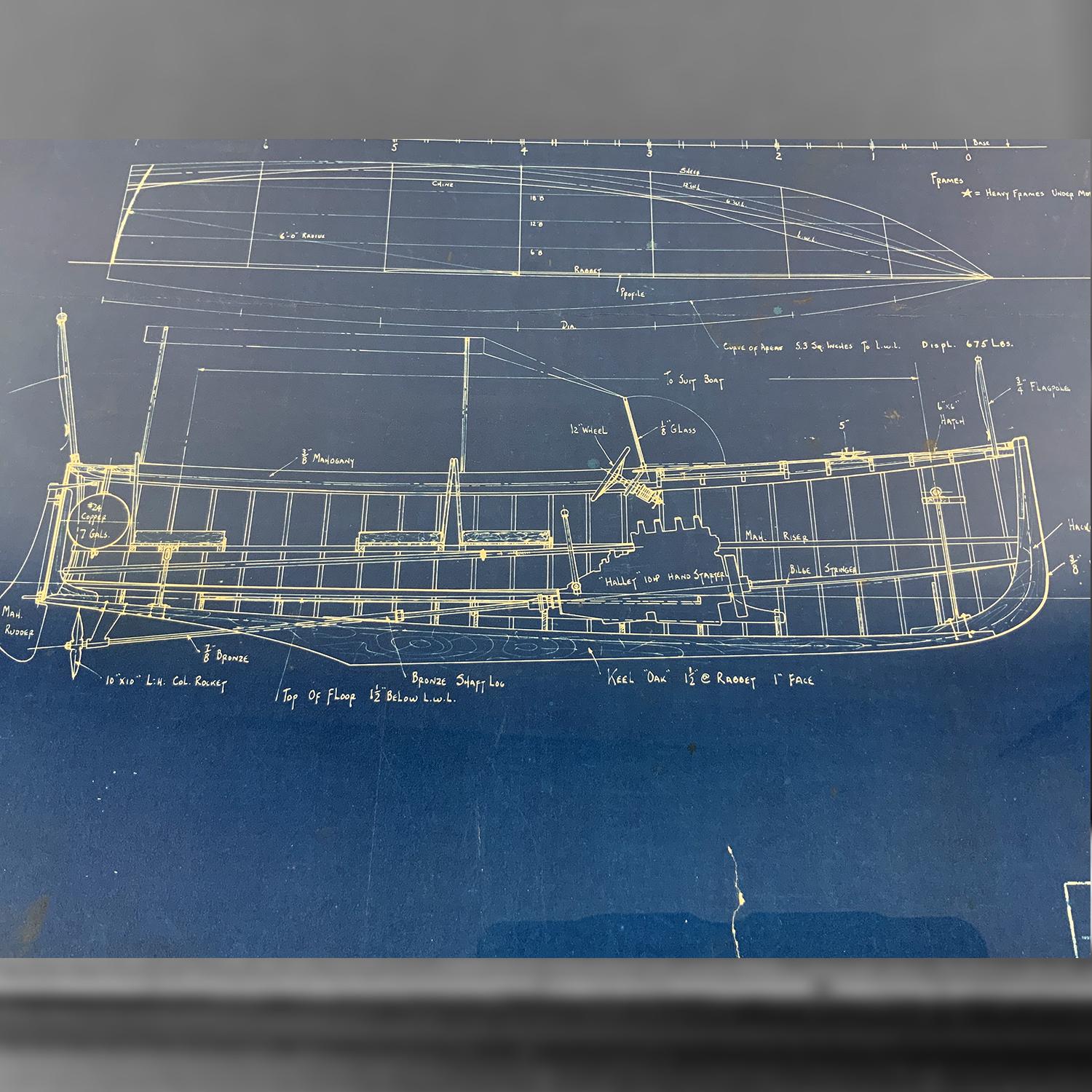 Ein charmanter Originalblaudruck für Yacht Tender an Bord Yacht Rima (Papier) im Angebot