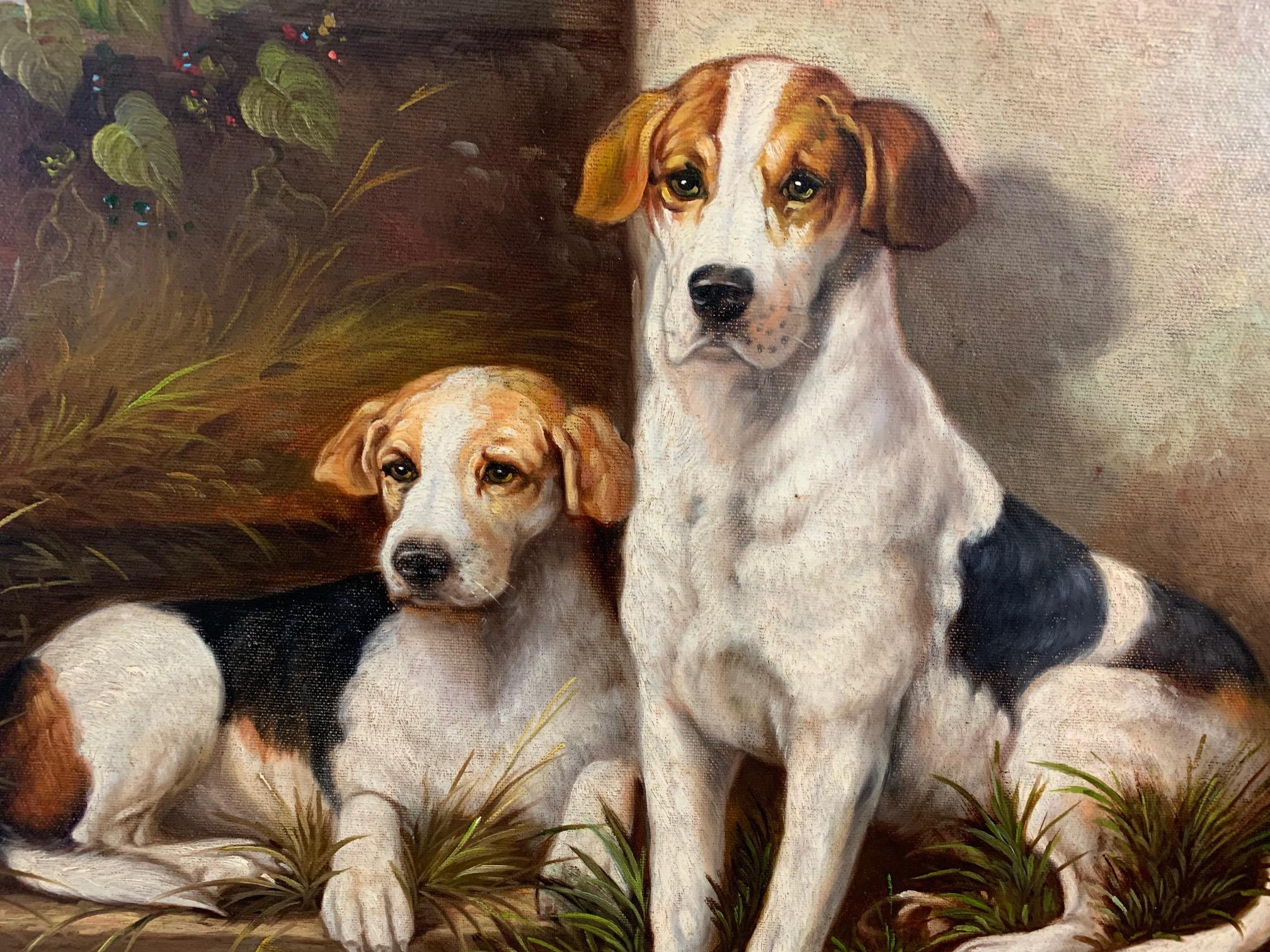 Handsome original oil on canvas of two hound dogs in a simple barn interior with gorgeous shadows and light.
Custom giltwood frame fits the subject beautifully.
Signed J. Roysell 

Measures: Framed 31.25” W x 27.25” H x 2.75” D
Canvas 24” W x