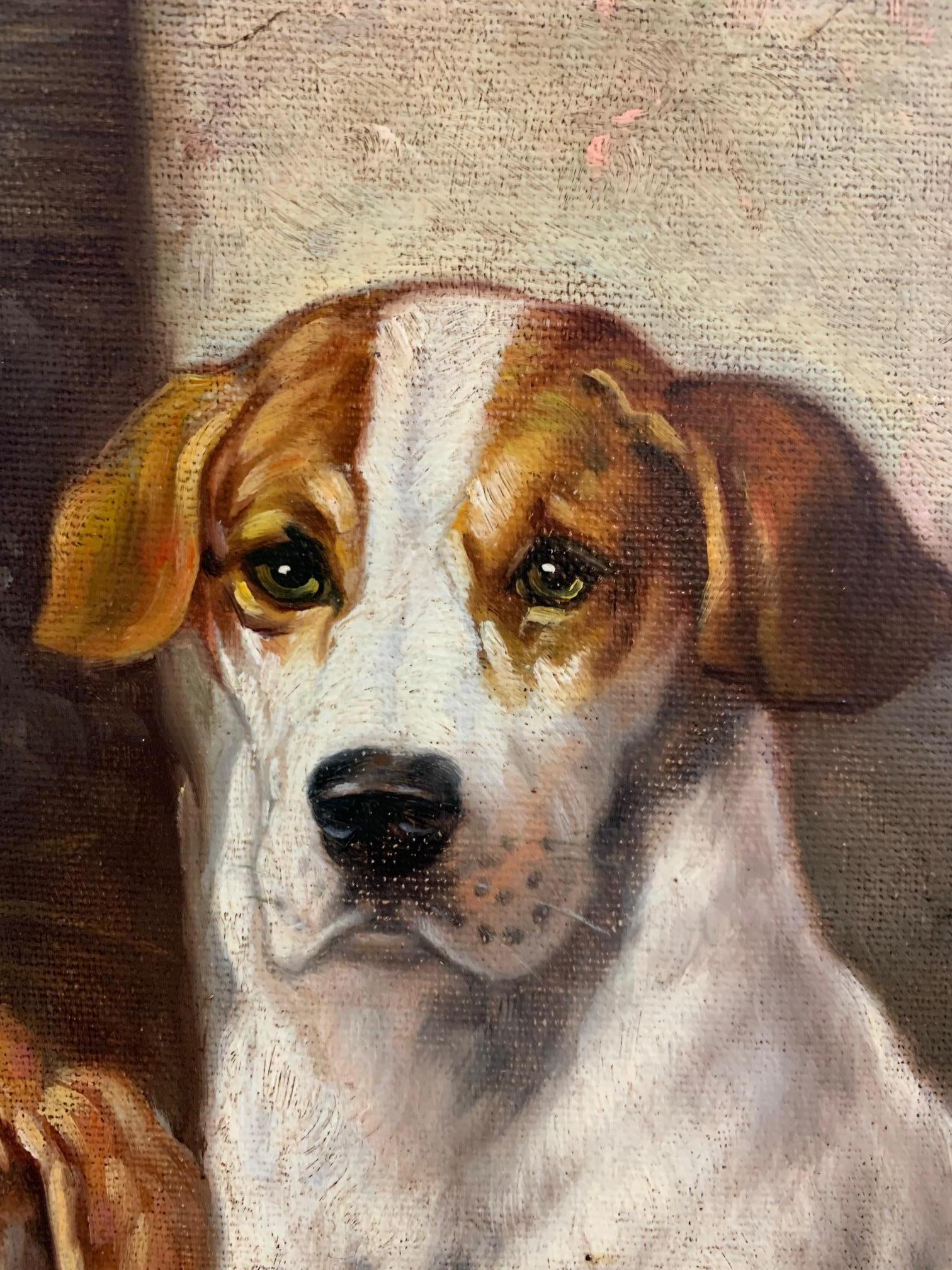 North American Charming Original Oil Painting of Two Loyal Dog