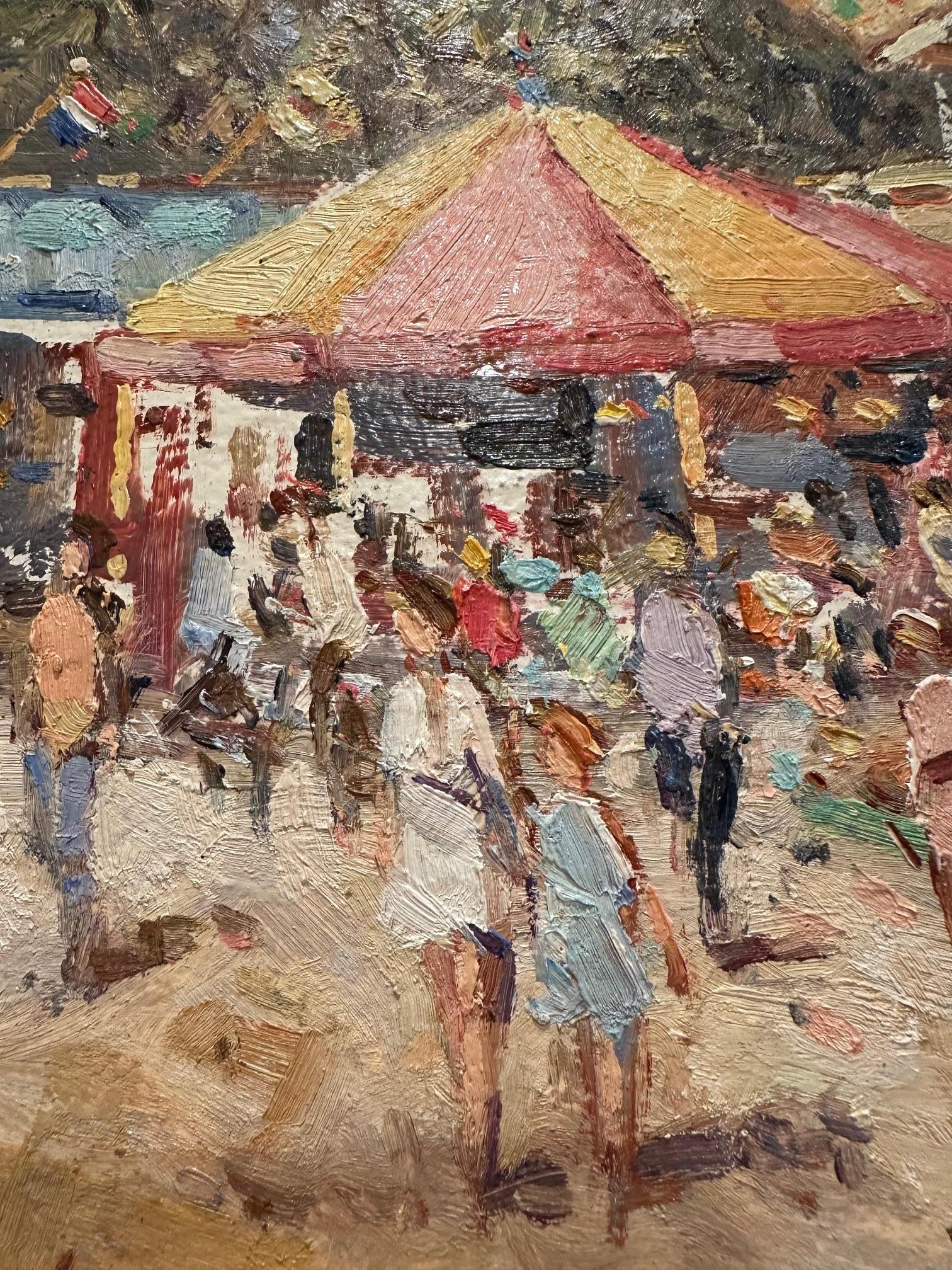 Charmantes malerisches Original auf Leinwand eines europäischen Karnevals mit drehenden Karussells und ausgelassenen Menschen, meisterhaft wiedergegeben mit kräftigem Impasto und energischen impressionistischen Pinselstrichen.  Signiert unten