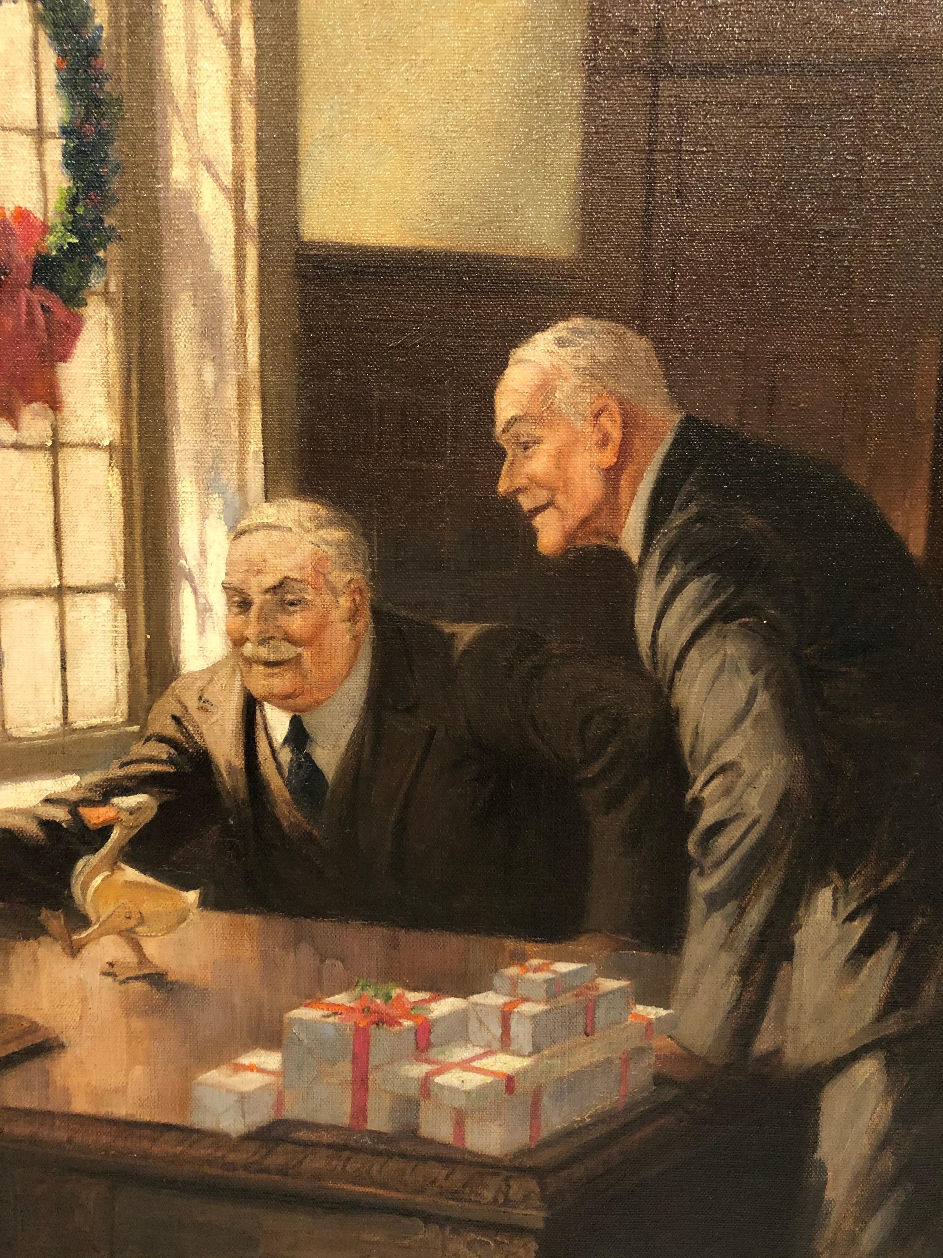 American Charming Original Painting of Two Businessmen and Toy Duck by Walter De Maris For Sale