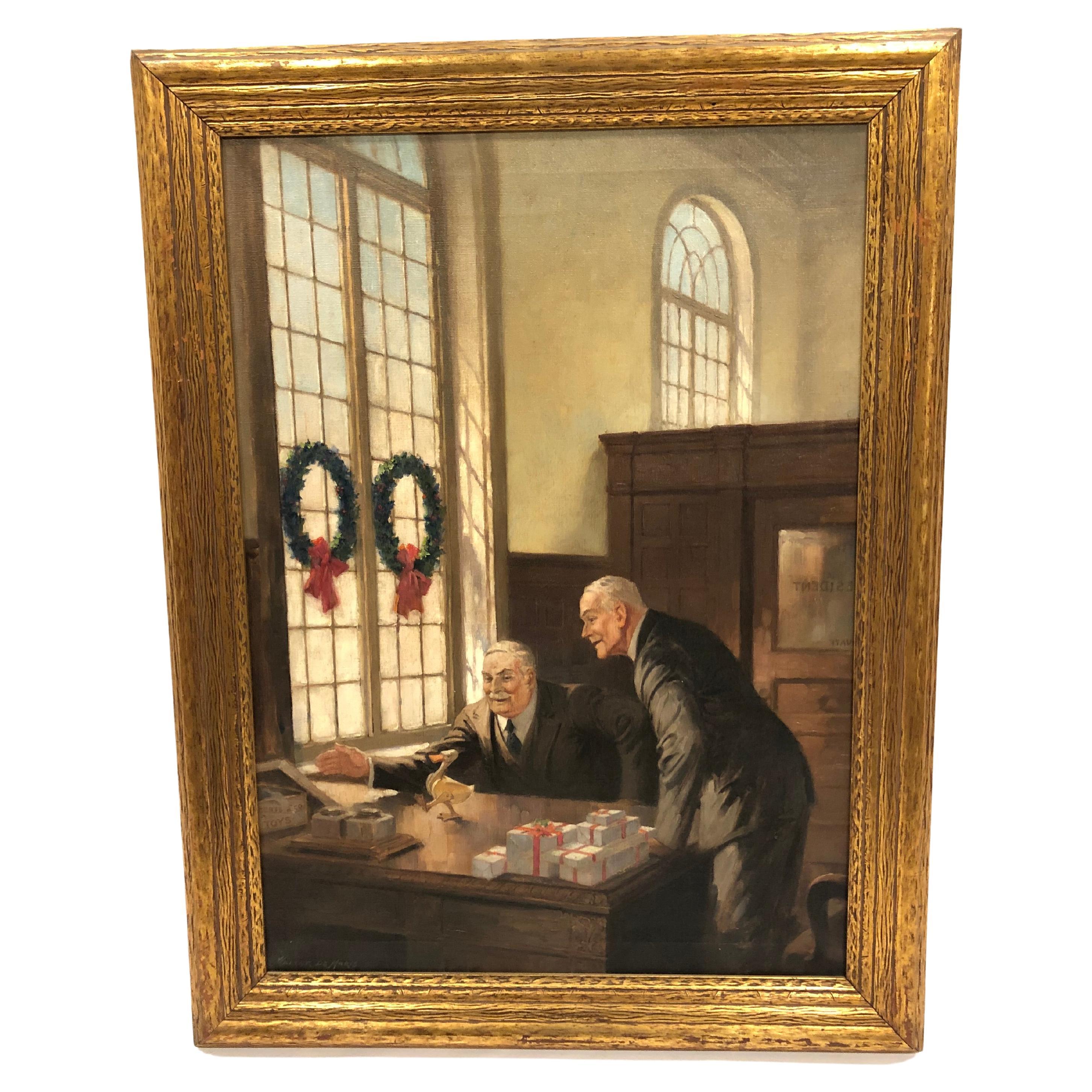 Charming Original Painting of Two Businessmen and Toy Duck by Walter De Maris