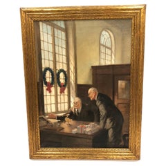 Antique Charming Original Painting of Two Businessmen and Toy Duck by Walter De Maris
