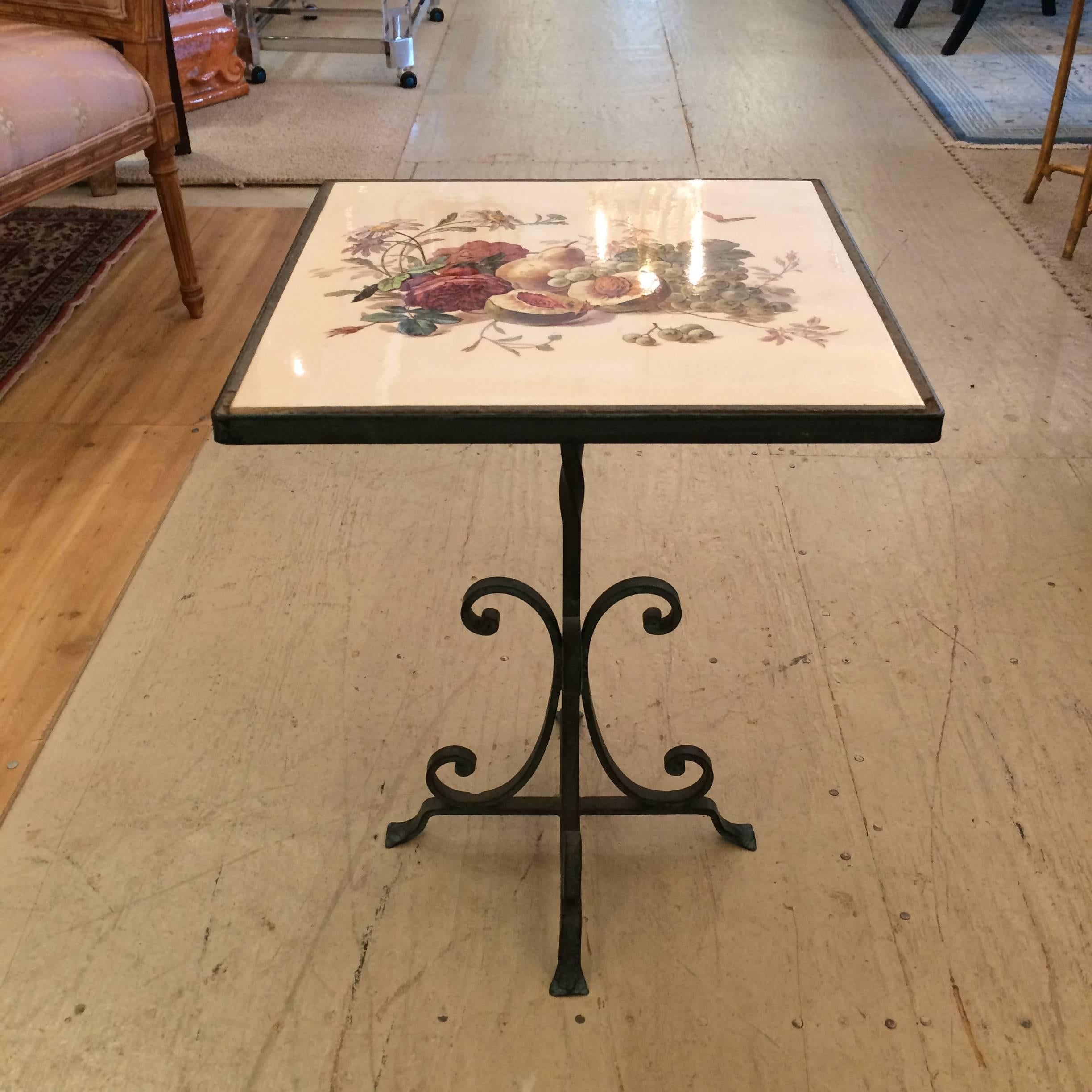 Charming Painted Tile Little Square Drinks Side Table In Excellent Condition In Hopewell, NJ