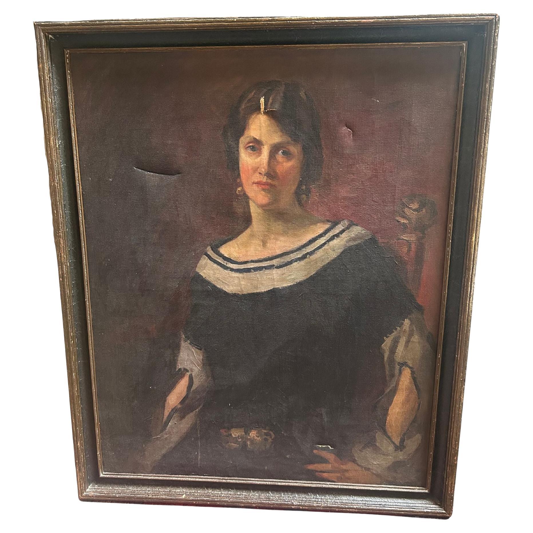 Charming Painting of Young Girl in Sailor Dress For Sale