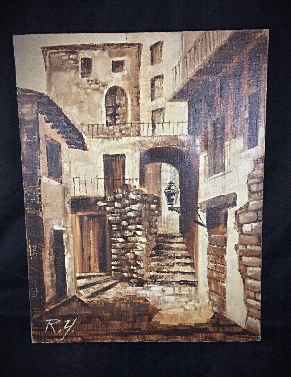 Charmantes Gemälde, signiert R.Y - City Alleyway Scene, Öl auf Leinwand - 2Y84 (20. Jahrhundert) im Angebot