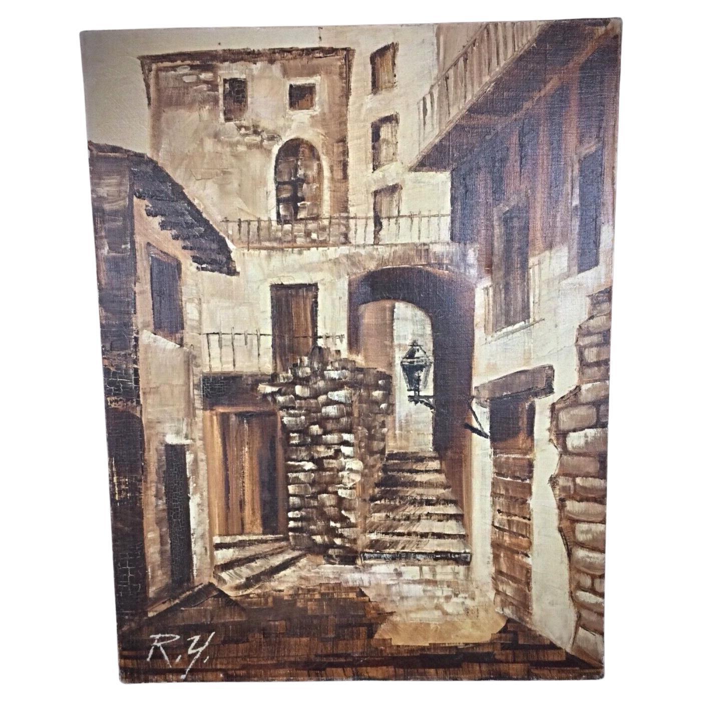 Charming Painting Signed R.Y - City Alleyway Scene, Oil on Canvas - 2Y84