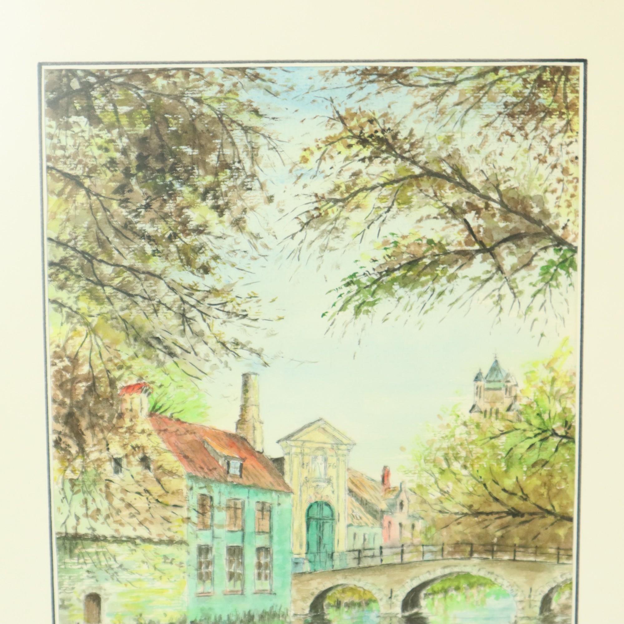 Whiting, acquerello dell'ingresso del Beghinaggio di Bruges, incorniciato in una elegante cornice di legno nero e un passe-partout bianco, firmato in basso e datato sul retro, J.A. Verhaeghe 1989, Belgio. Un bel dipinto amatoriale con colori tenui e