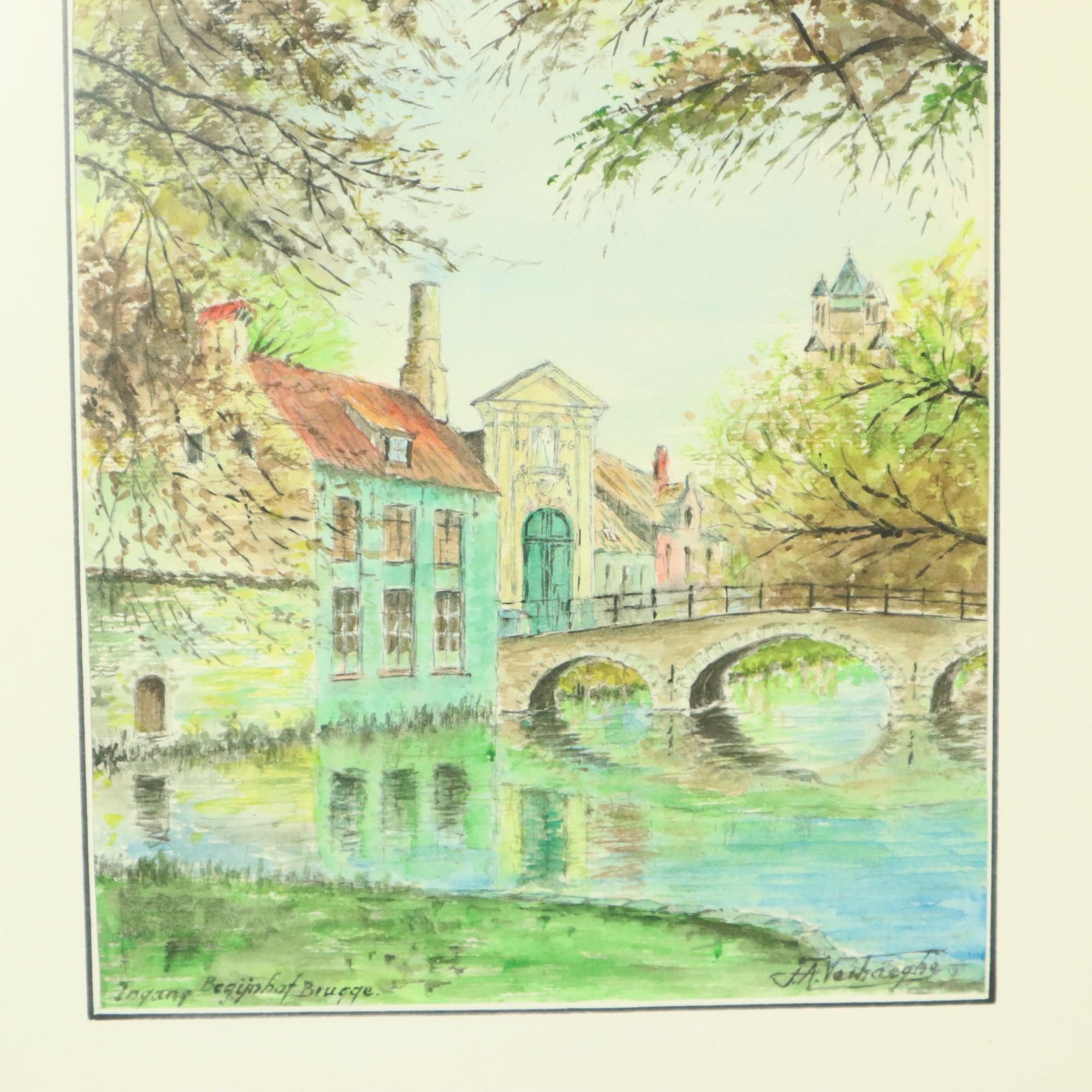 Belga Charme Pittura Acquerello Beguinage Begijnhof Bruges Verhaeghe 1989