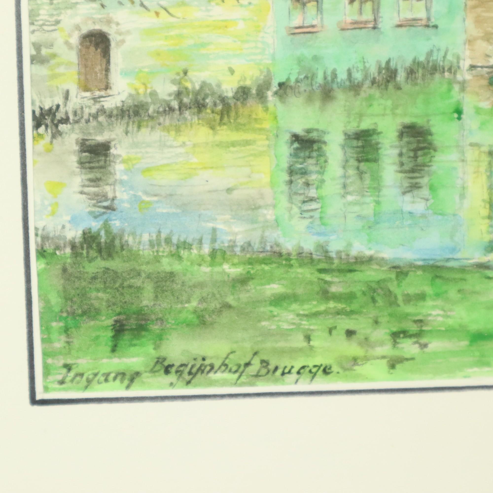 Dipinto a mano Charme Pittura Acquerello Beguinage Begijnhof Bruges Verhaeghe 1989