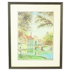 Charme Pittura Acquerello Beguinage Begijnhof Bruges Verhaeghe 1989